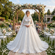 Elegant bride in a grand classic venue holding a floral bouquet, wearing a new luxury high neck ball gown wedding dress featuring sheer long sleeves and intricate beaded pearls.