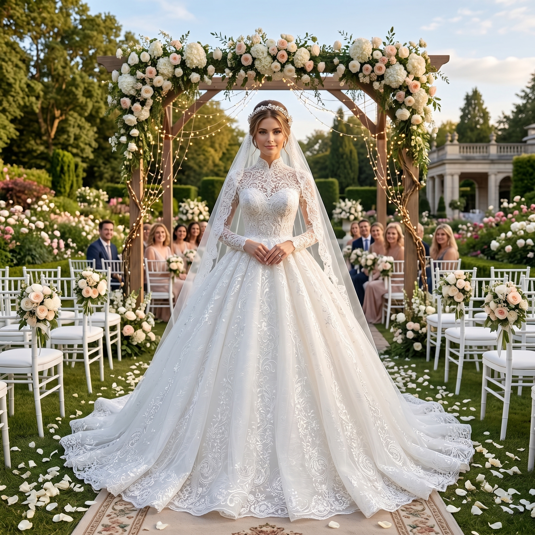 Elegant bride in a grand classic venue holding a floral bouquet, wearing a new luxury high neck ball gown wedding dress featuring sheer long sleeves and intricate beaded pearls.