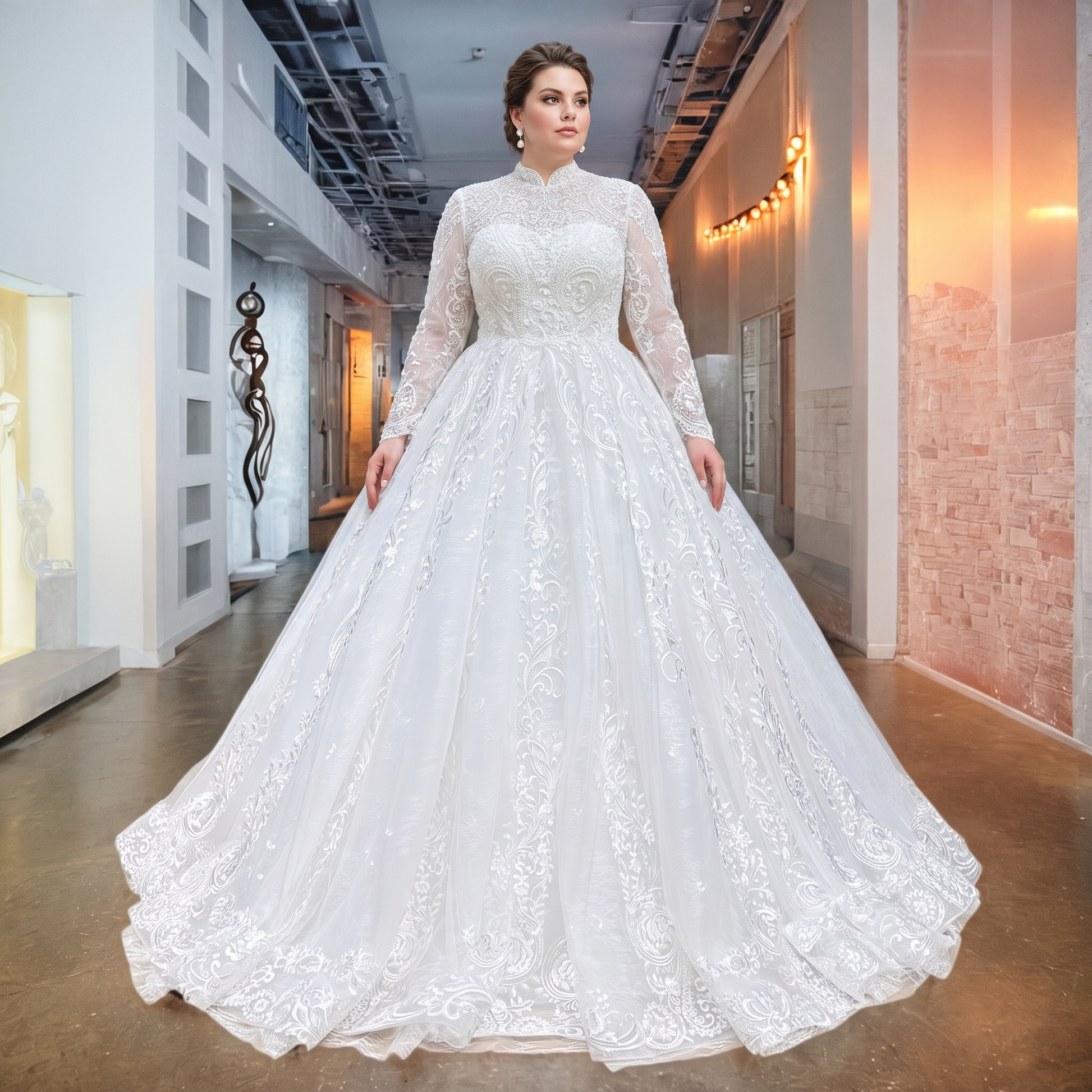 Plus-size bridal model in a modern indoor gallery showcasing a luxury high neck ball gown wedding dress with sheer long sleeves and heavy beaded pearl embellishments across the bodice.
