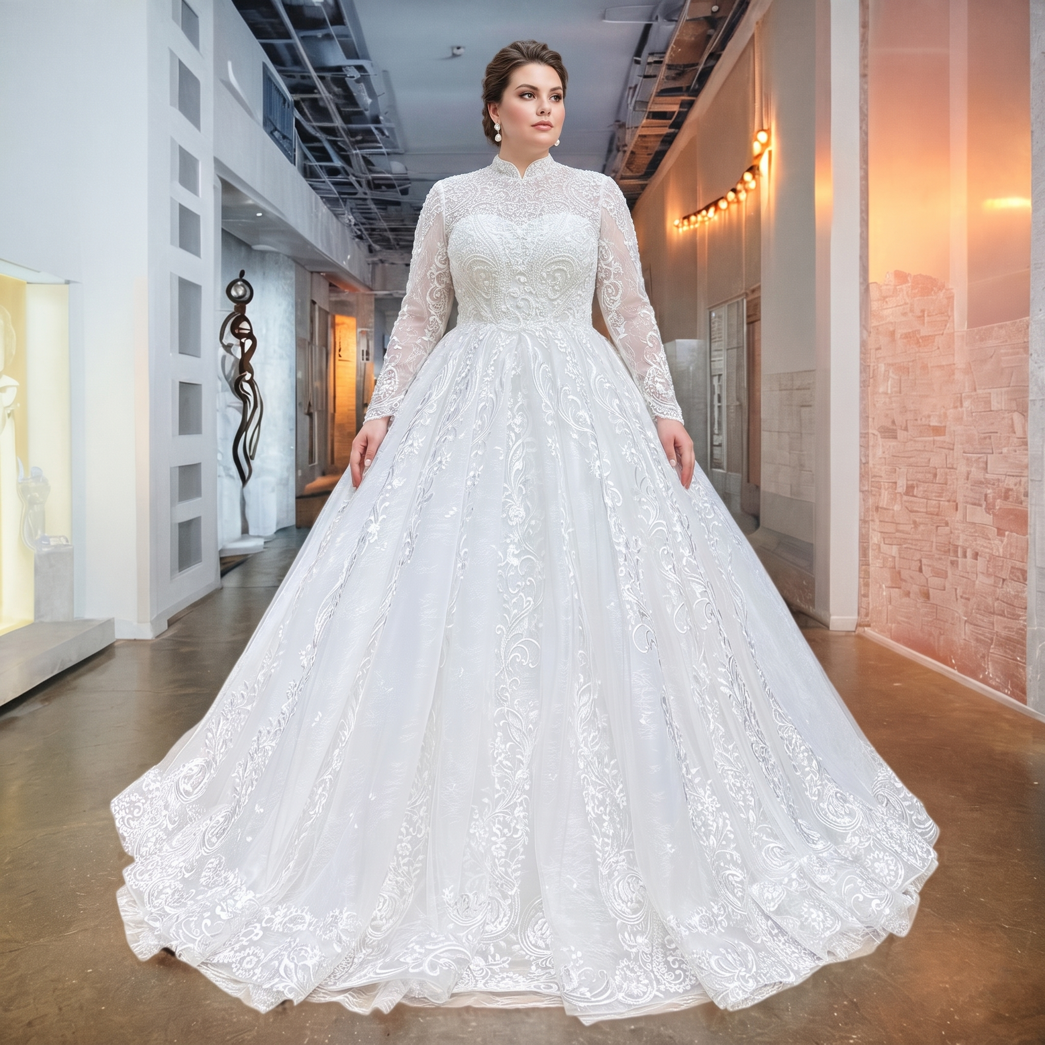 Plus-size bridal model in a modern indoor gallery showcasing a luxury high neck ball gown wedding dress with sheer long sleeves and heavy beaded pearl embellishments across the bodice.