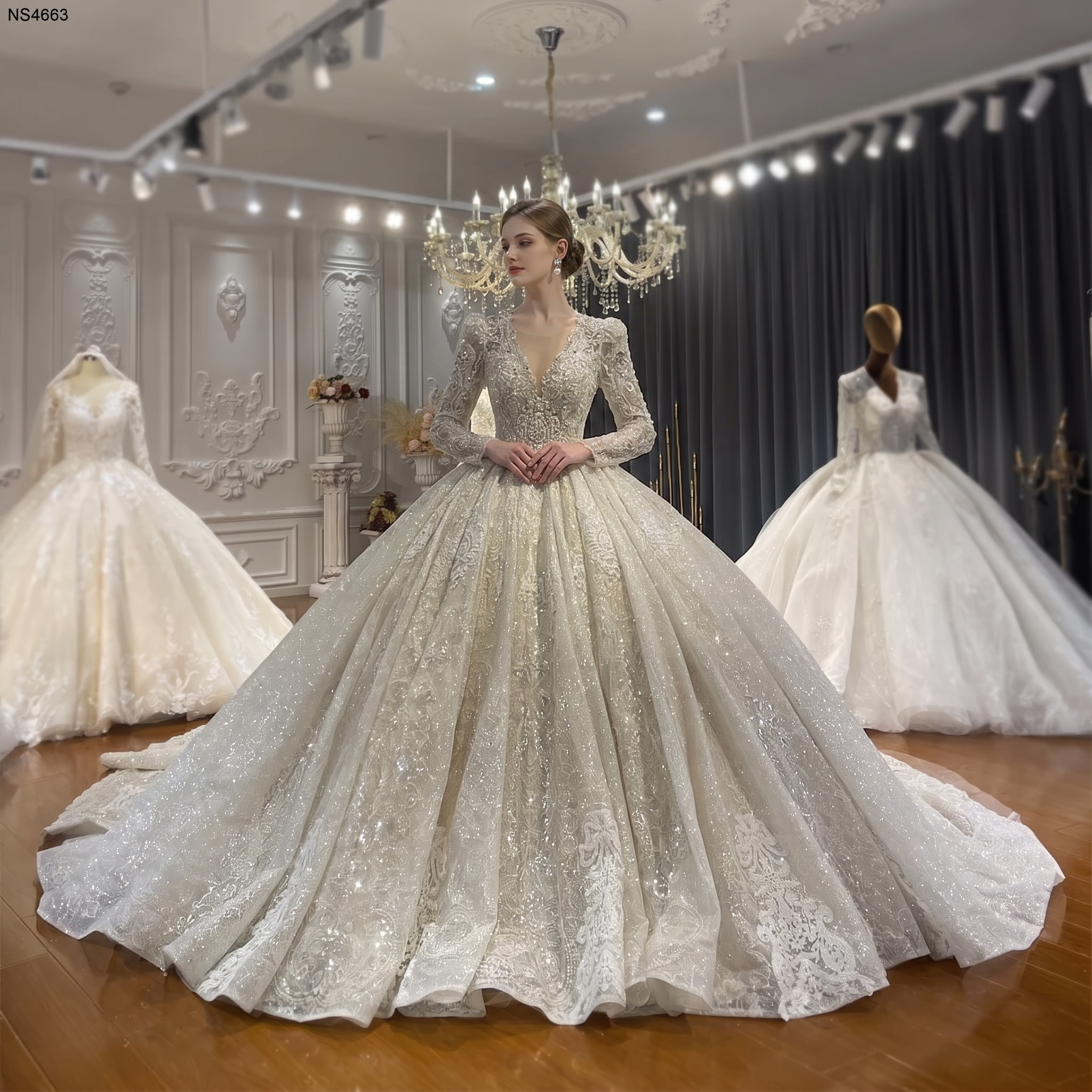 Elegant long-sleeved lace bridal dress with a deep V-neckline and voluminous sparkly ball gown skirt featuring an intricate modern silhouette and cathedral train.
