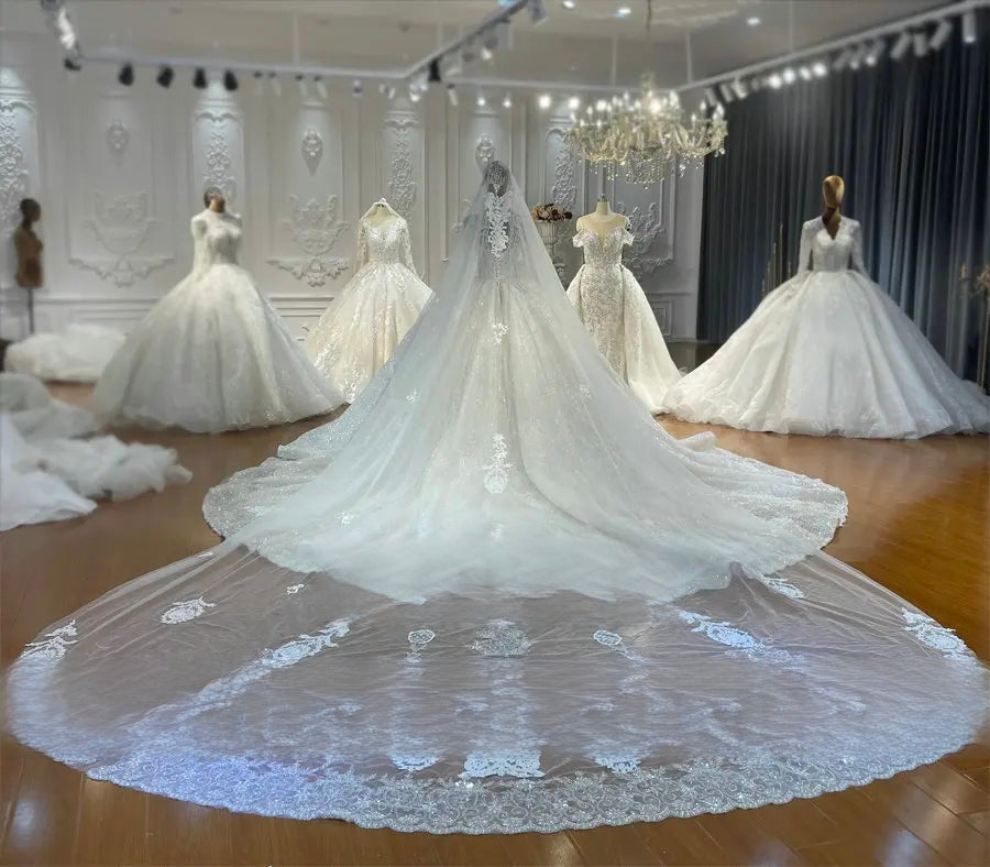 Back view of a stunning lace wedding dress paired with a matching luxury cathedral-length lace-trimmed veil, displayed on a mannequin.