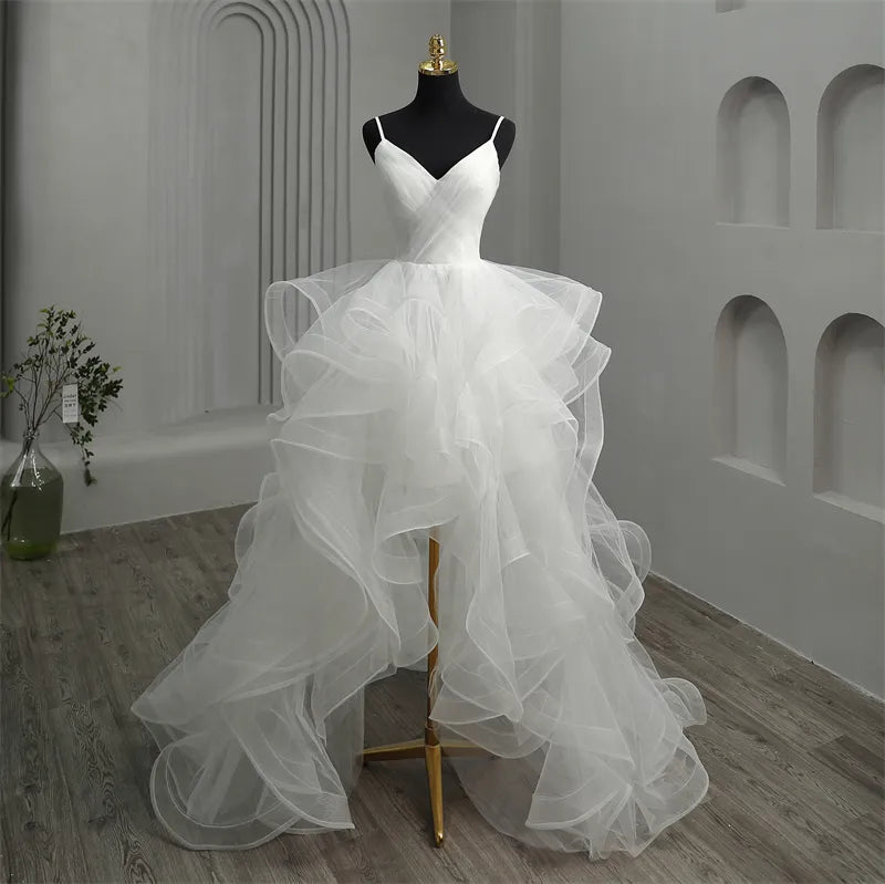 New Short Front Long Back Gothic White Wedding Dress Spaghetti Straps V Neck High-low Bridal Gown, White / 2