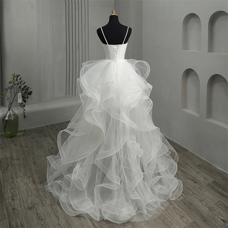 New Short Front Long Back Gothic White Wedding Dress Spaghetti Straps – Elsi John