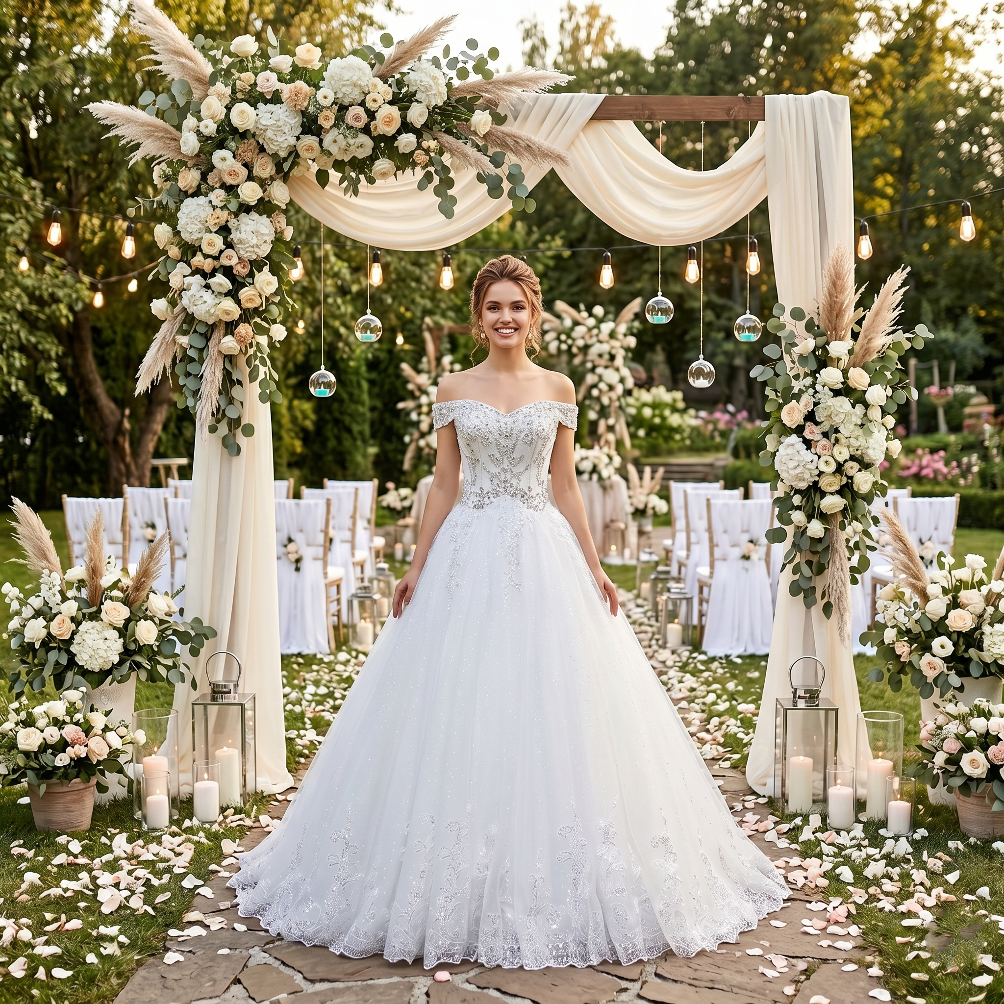 A bride wearing a sparkly, off-the-shoulder A-line wedding dress with crystal beading and sequin details, posing under a floral wedding arch in a garden.