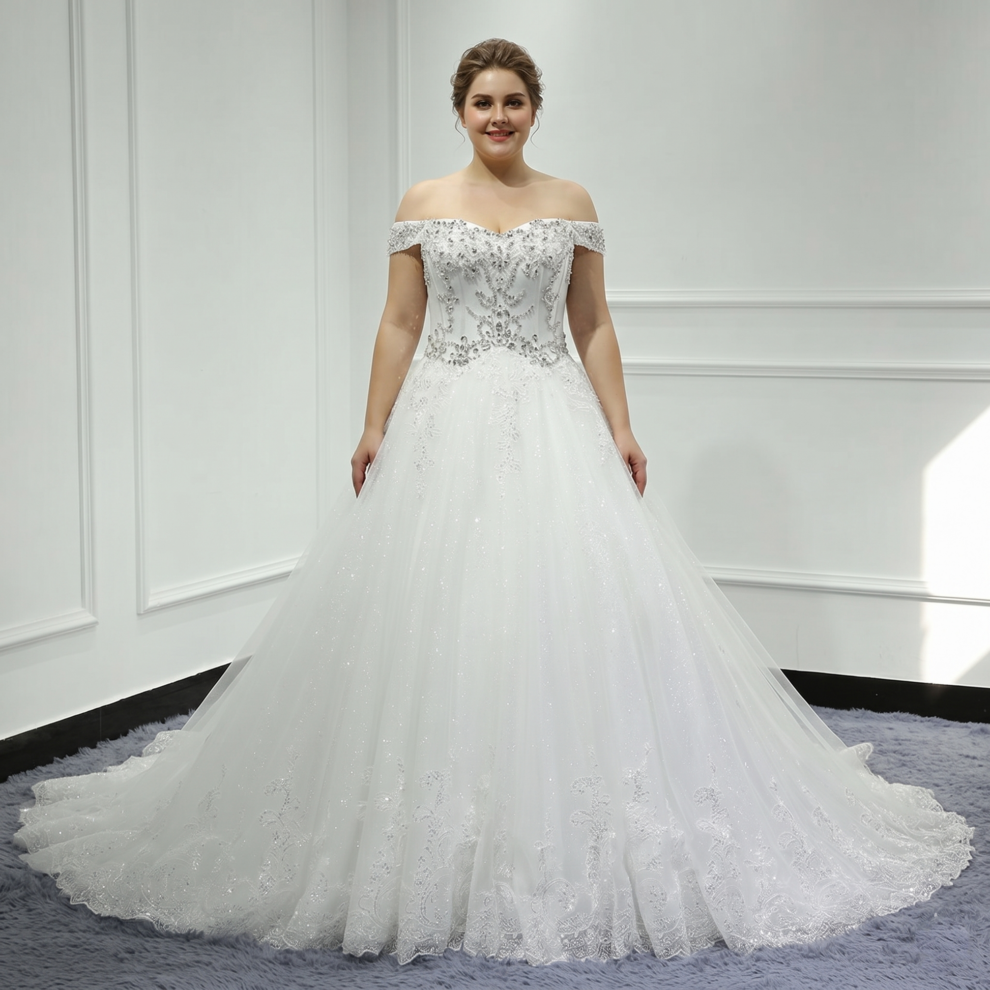 A close-up view of a bride wearing a white off-the-shoulder wedding gown featuring intricate crystal beading and sequin embellishments on the bodice.