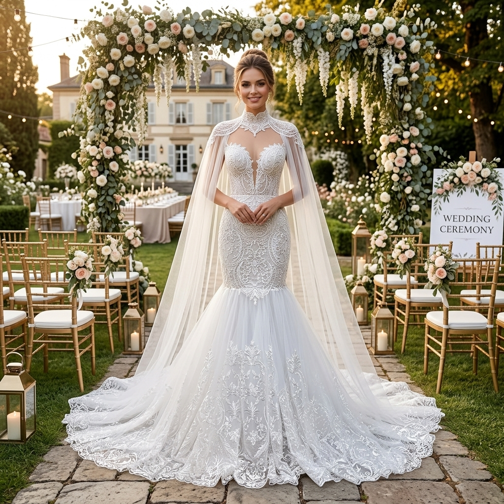 A smiling bridal model posing in an ivory tulle mermaid wedding dress with luxury lace appliques and a high-neck sheer bridal cape under an outdoor floral arch.