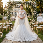 A smiling bridal model posing in an ivory tulle mermaid wedding dress with luxury lace appliques and a high-neck sheer bridal cape under an outdoor floral arch.