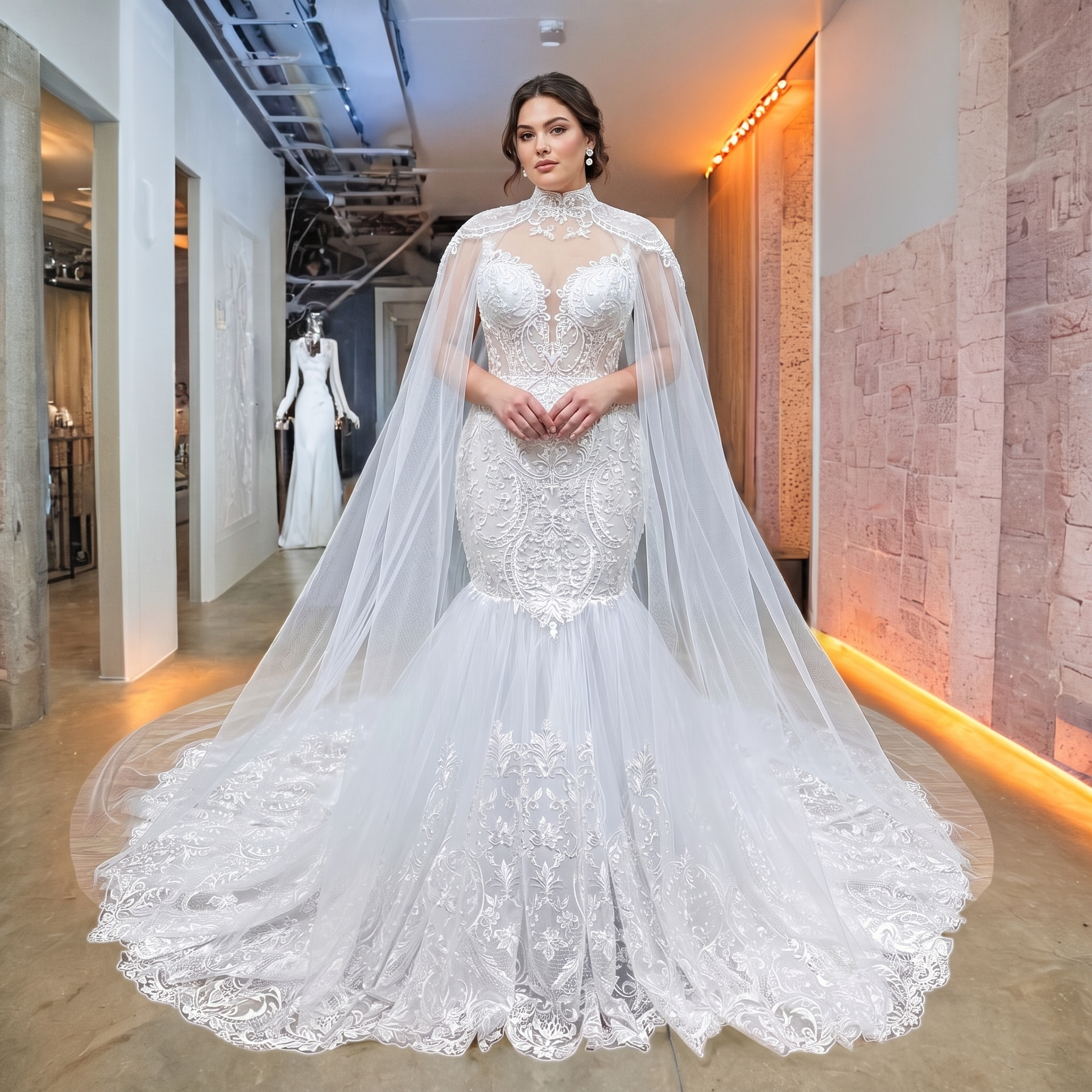Front view of a plus-size bridal model wearing a luxury lace mermaid wedding gown with a matching detachable high-neck tulle shawl in a bright bridal showroom.