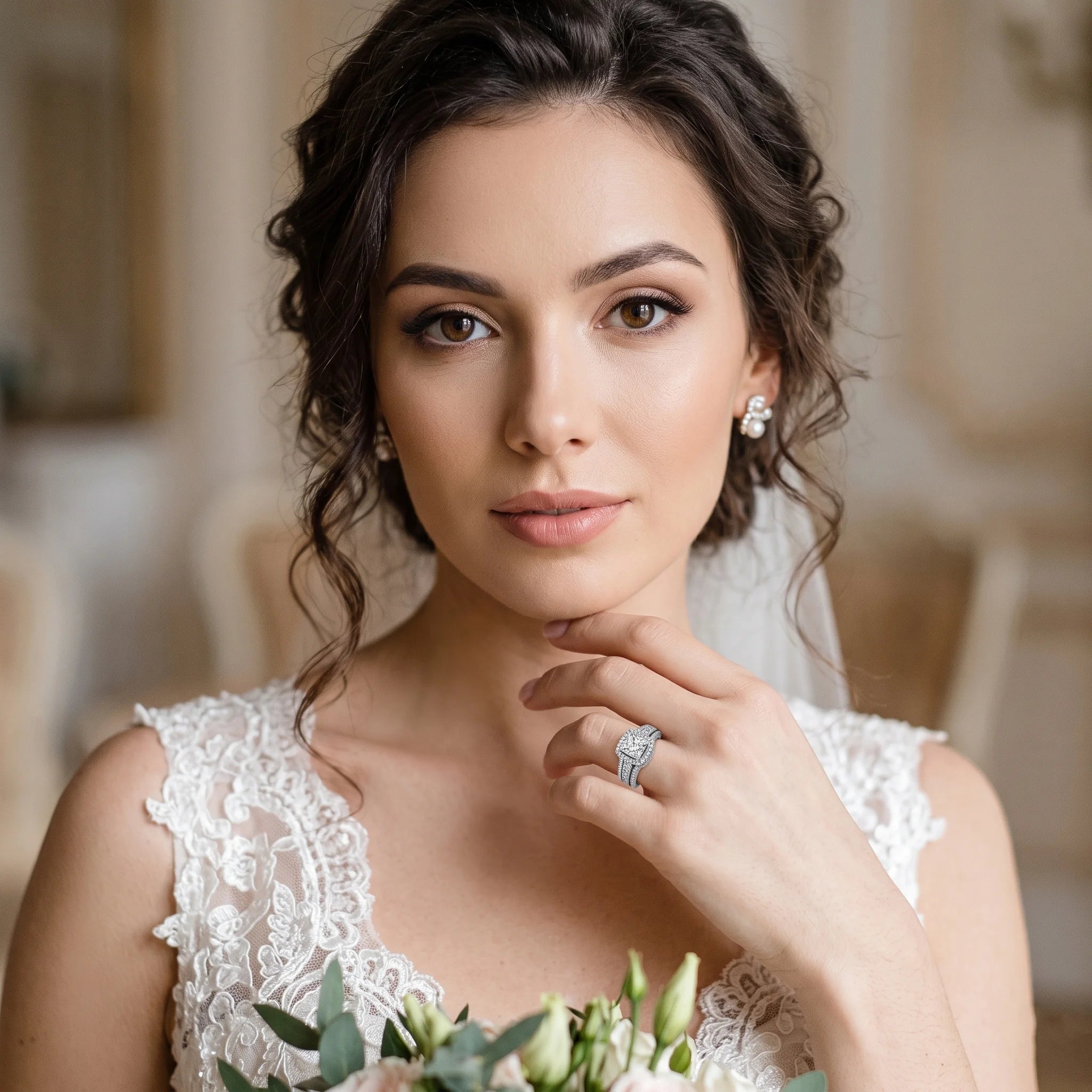 Portrait of a bride wearing the Newshe 2-piece vintage wedding ring bridal set featuring a large princess-cut center stone.