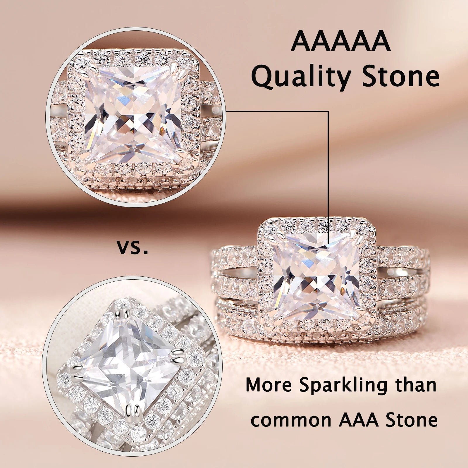 Side-by-side product quality comparison graphics highlighting the brilliance of the premium 5A grade cubic zirconia stones versus lower-grade alternatives.
