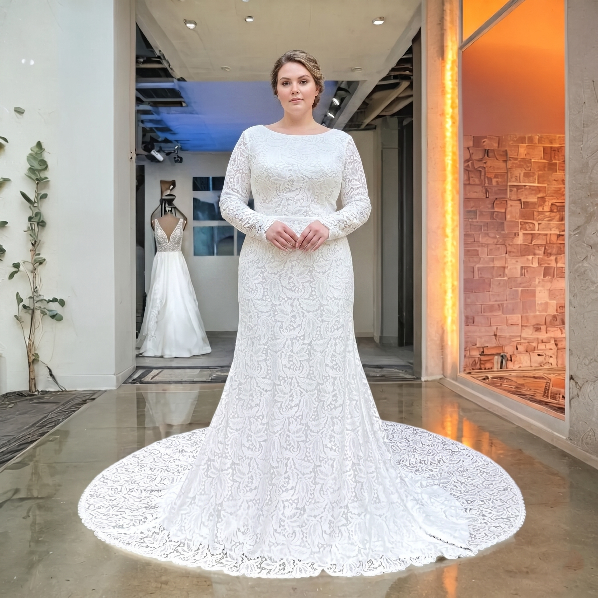 Full-length front view of a curvy bride showcasing a long sleeve lace wedding dress featuring an O-neckline and intricate floral lace patterns.
