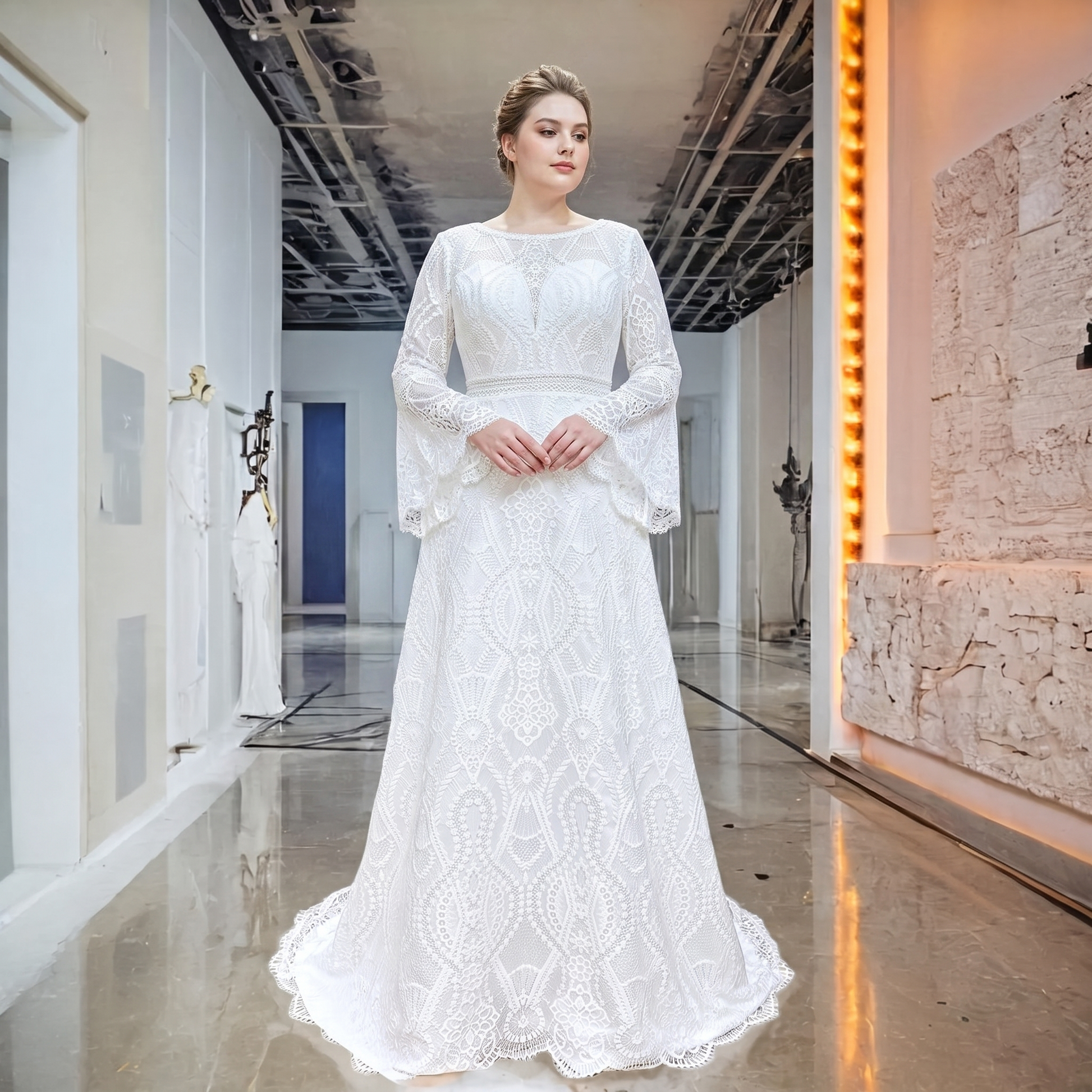 Full-length front perspective of a plus-size bride showcasing a long-sleeve lace wedding gown with a modest O-neckline and intricate flared sleeves.
