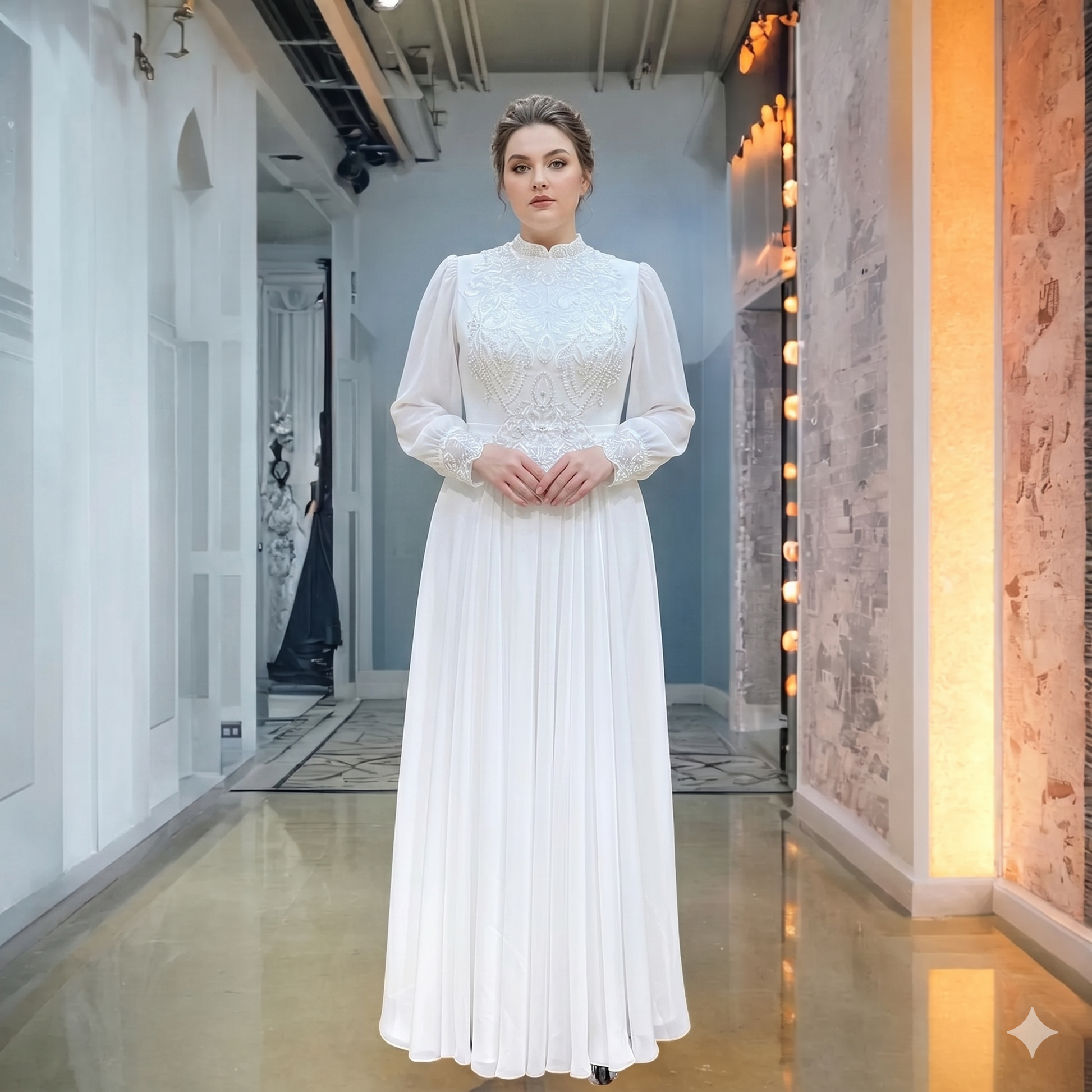 Plus size bride wearing a modest long sleeve chiffon wedding dress featuring a high O-neck, detailed lace embroidery, and bishop sleeves with ornate lace cuffs.