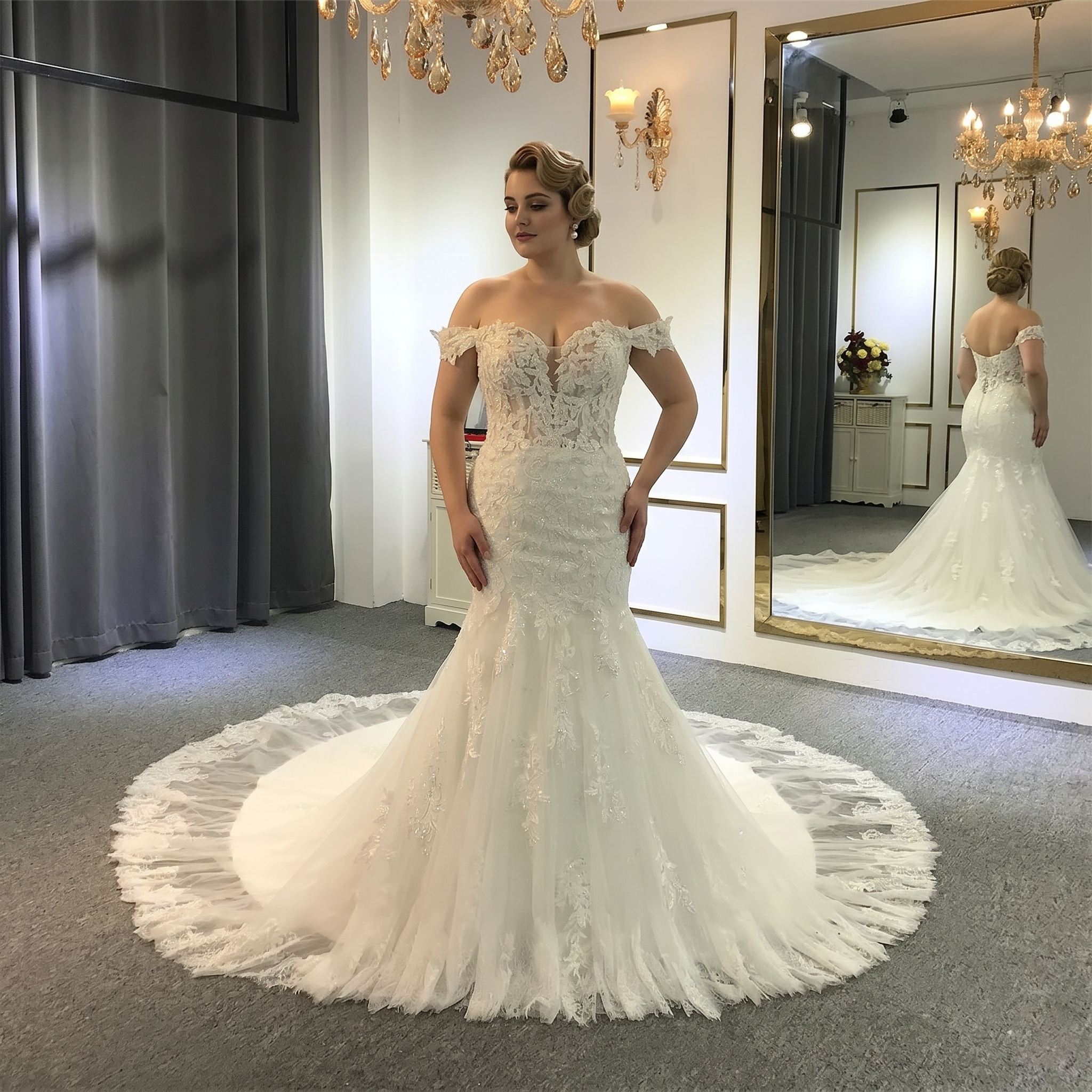 A plus-size model showcasing a stunning off-the-shoulder mermaid bridal gown featuring a sheer plunging neckline and elegant lace appliqués.