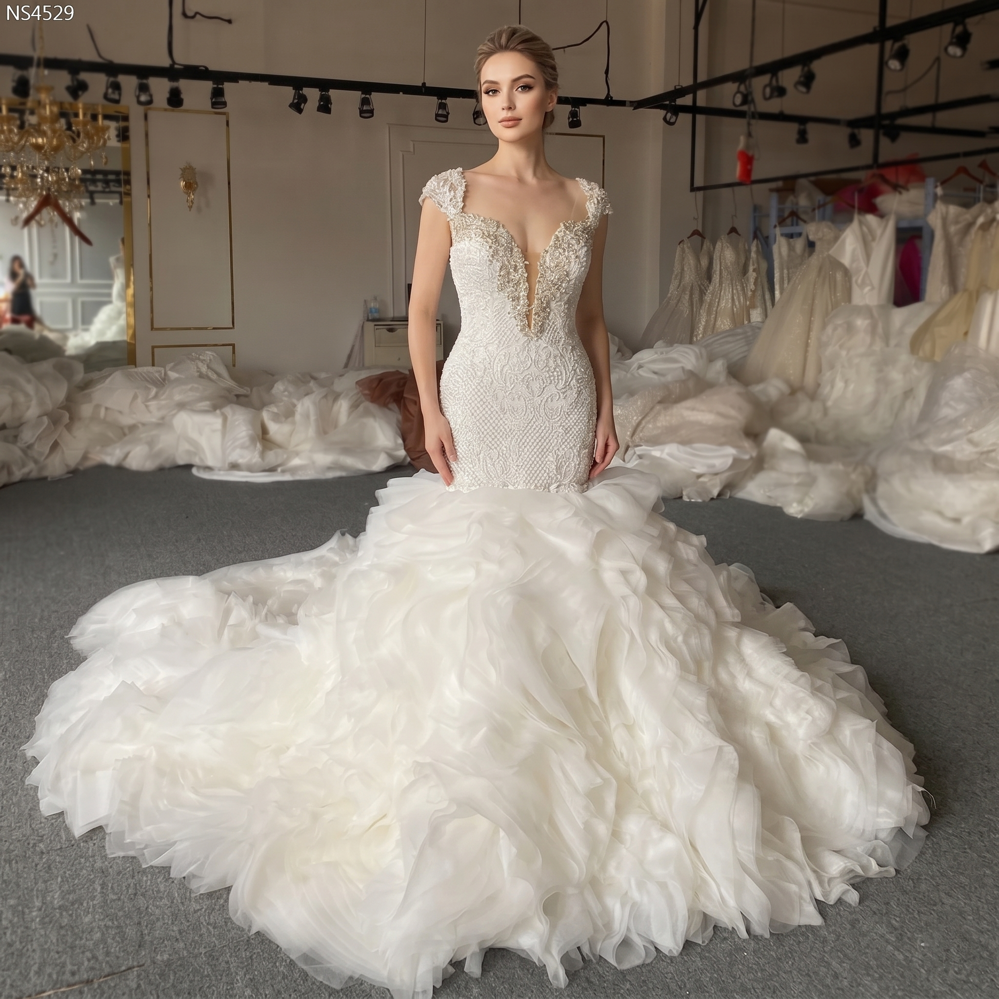 Full-length front view of an elegant model wearing an off-shoulder lace and crystal mermaid wedding dress featuring a dramatic removable tiered ruffle skirt.