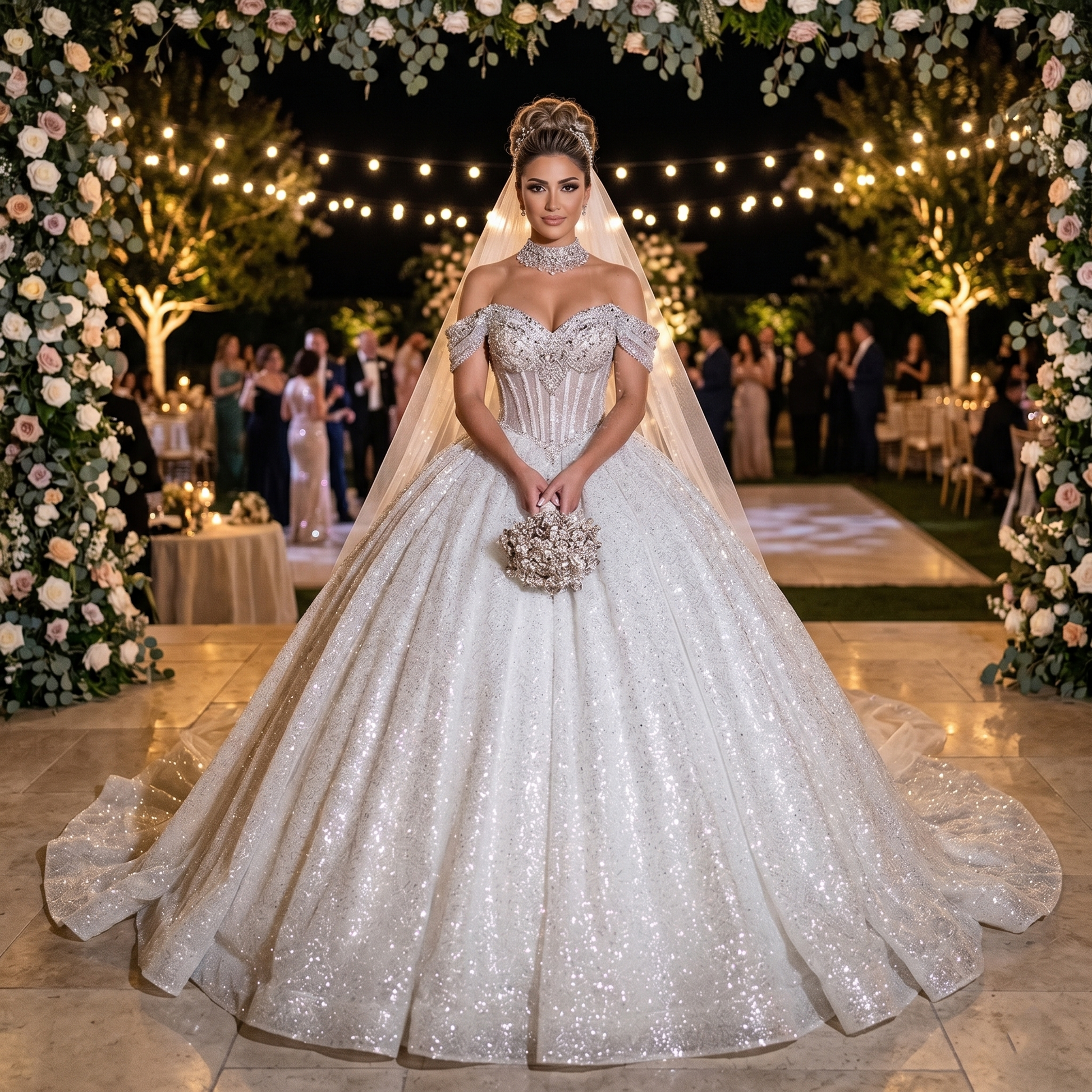 Full-length front view of an elegant model wearing an off-shoulder princess wedding dress with intricate crystal beaded details and a voluminous tulle ball gown skirt.