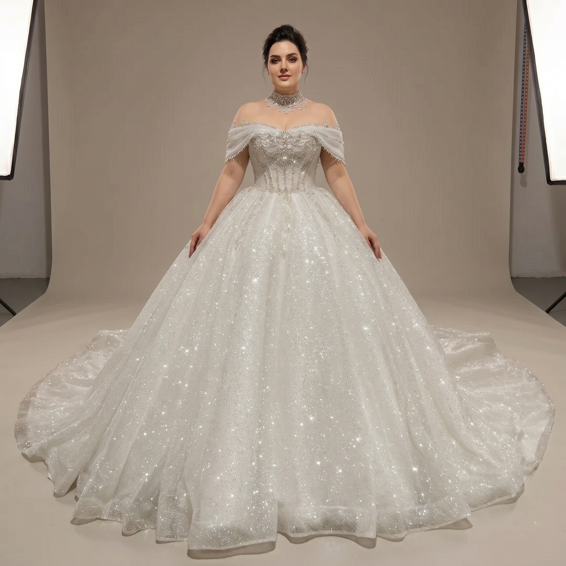 Radiant plus-size model showcasing a luxury off-shoulder princess bridal gown with a heavily embellished beaded bodice and shimmering ball gown silhouette.