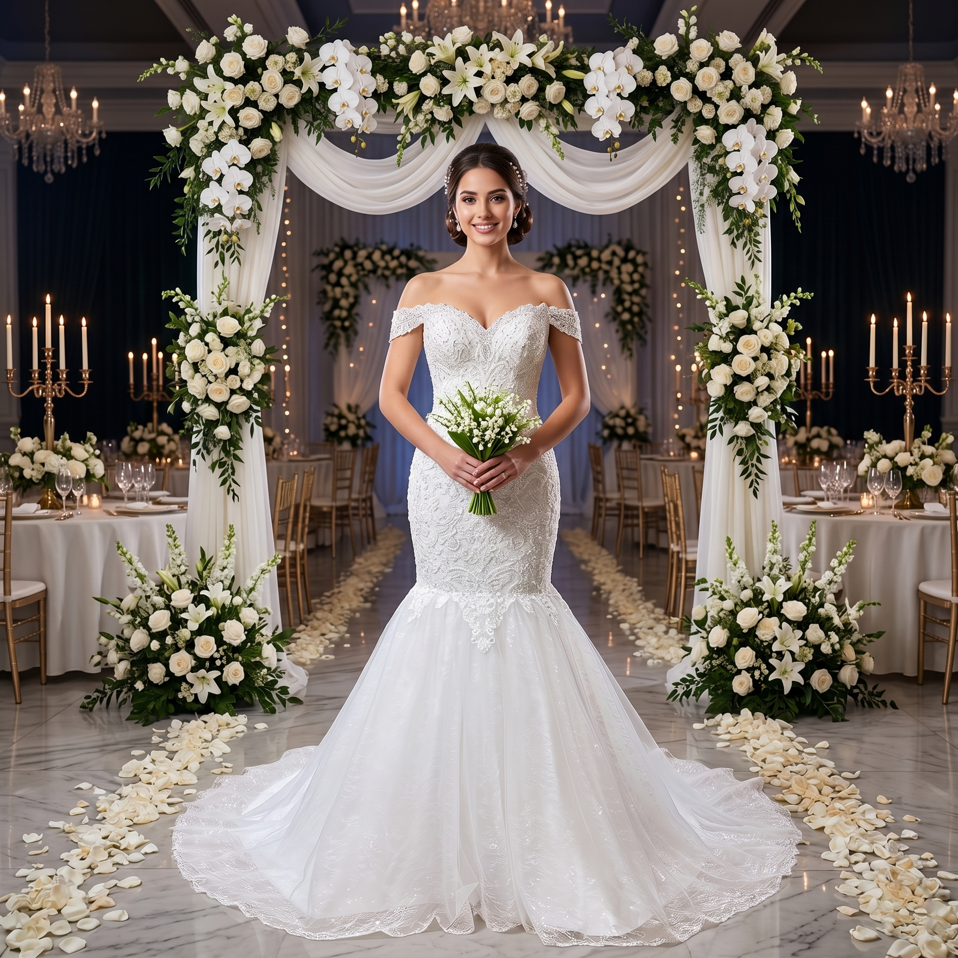 Elegant bride wearing a form-fitting off-the-shoulder tulle mermaid wedding dress with crystal beading under a grand floral archway at an indoor reception venue.