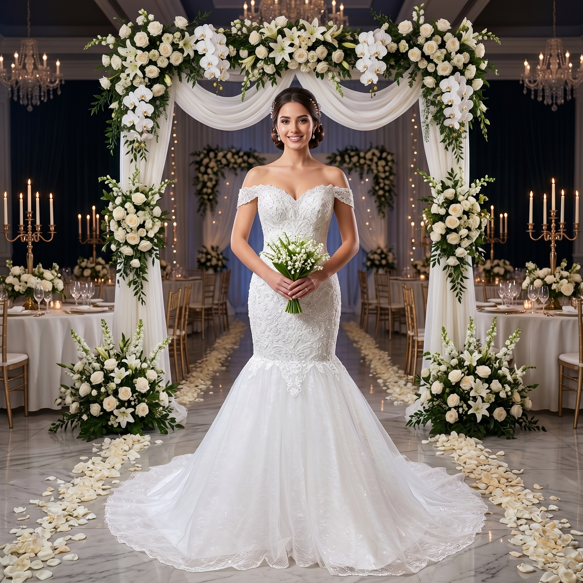 Elegant bride wearing a form-fitting off-the-shoulder tulle mermaid wedding dress with crystal beading under a grand floral archway at an indoor reception venue.