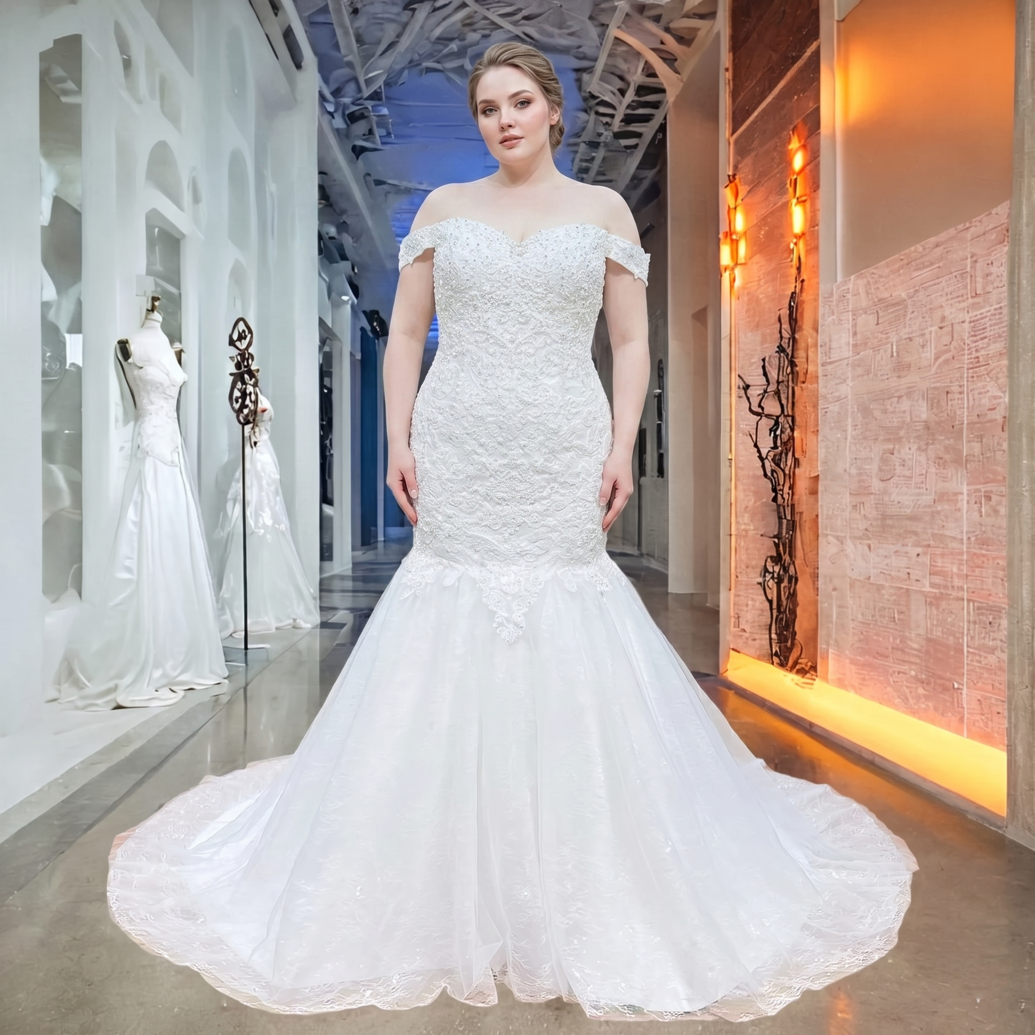 Plus-size bridal model modeling an ivory off-the-shoulder mermaid wedding gown featuring an intricately pearl-beaded lace bodice and a flared tulle skirt.