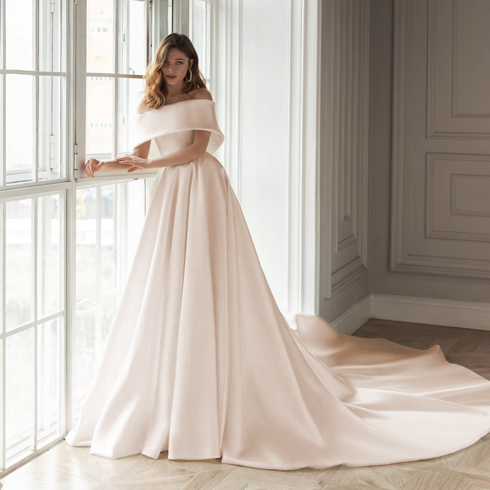 Off-the-Shoulder A-Line Satin Wedding Dress Simple Boat Neck Bridal Go – Elsi John