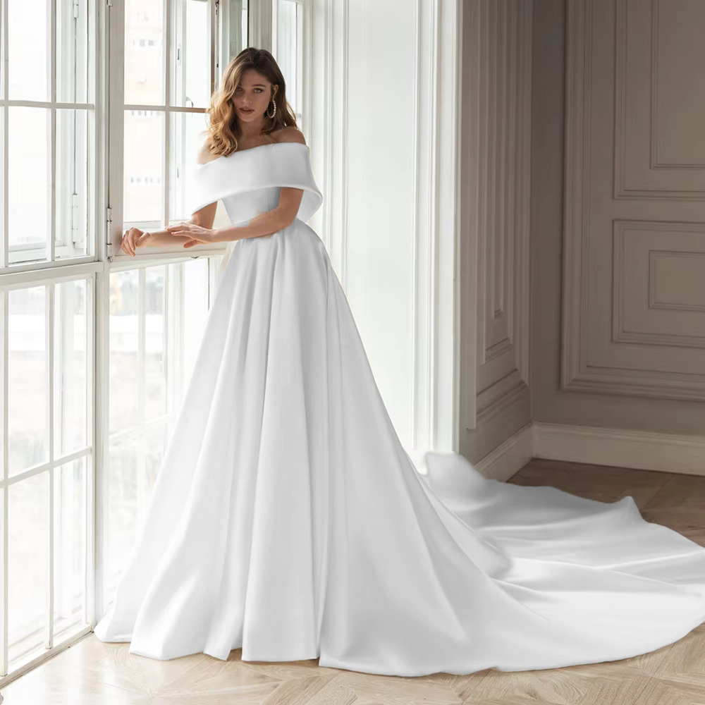 Off-the-Shoulder A-Line Satin Wedding Dress Simple Boat Neck Bridal Go – Elsi John