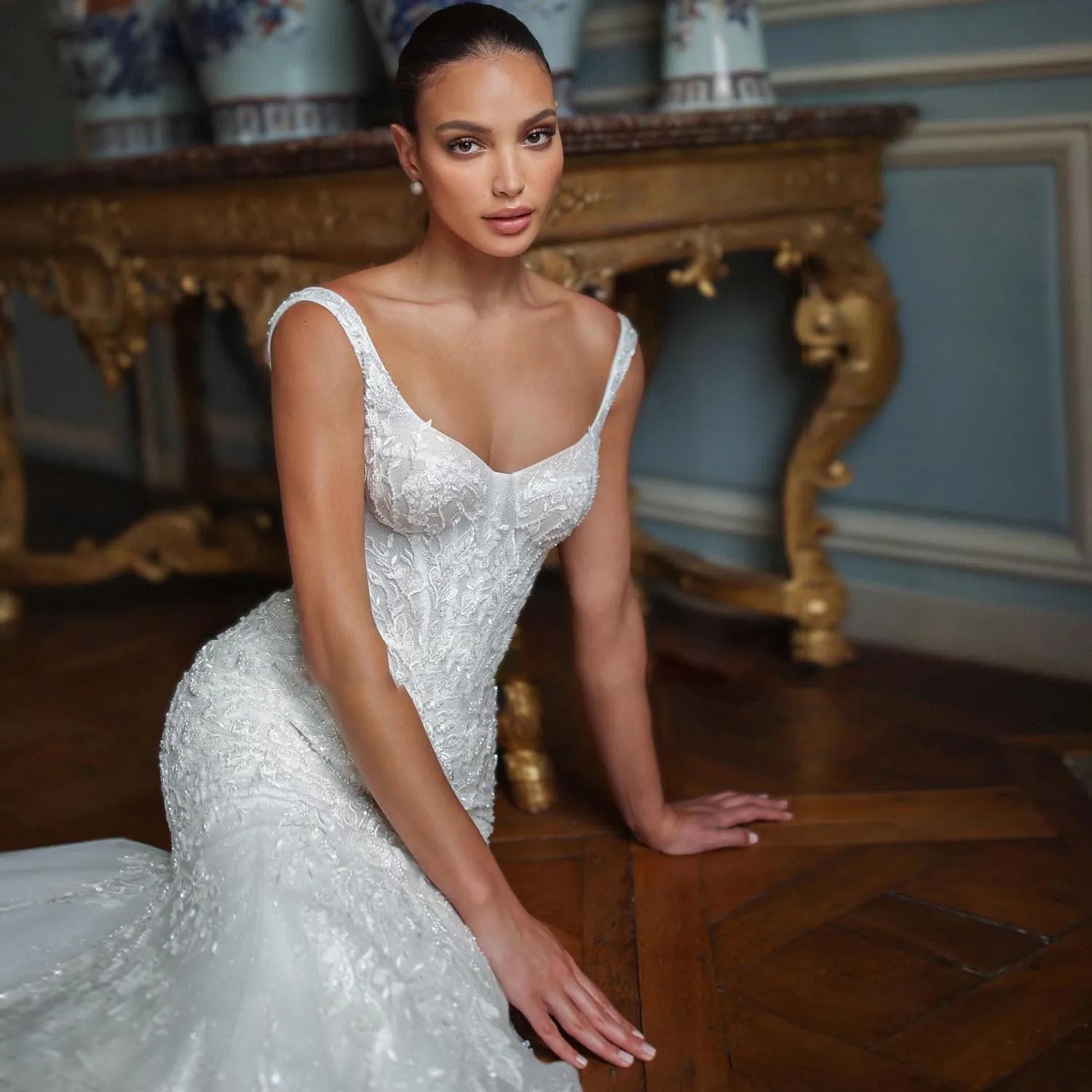 Off-the-Shoulder Mermaid Wedding Dress with Detachable Train & Beaded – Elsi John