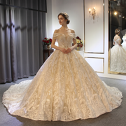 Full-length front view of an elegant off-the-shoulder champagne ball gown with intricate lace embroidery and a princess skirt.