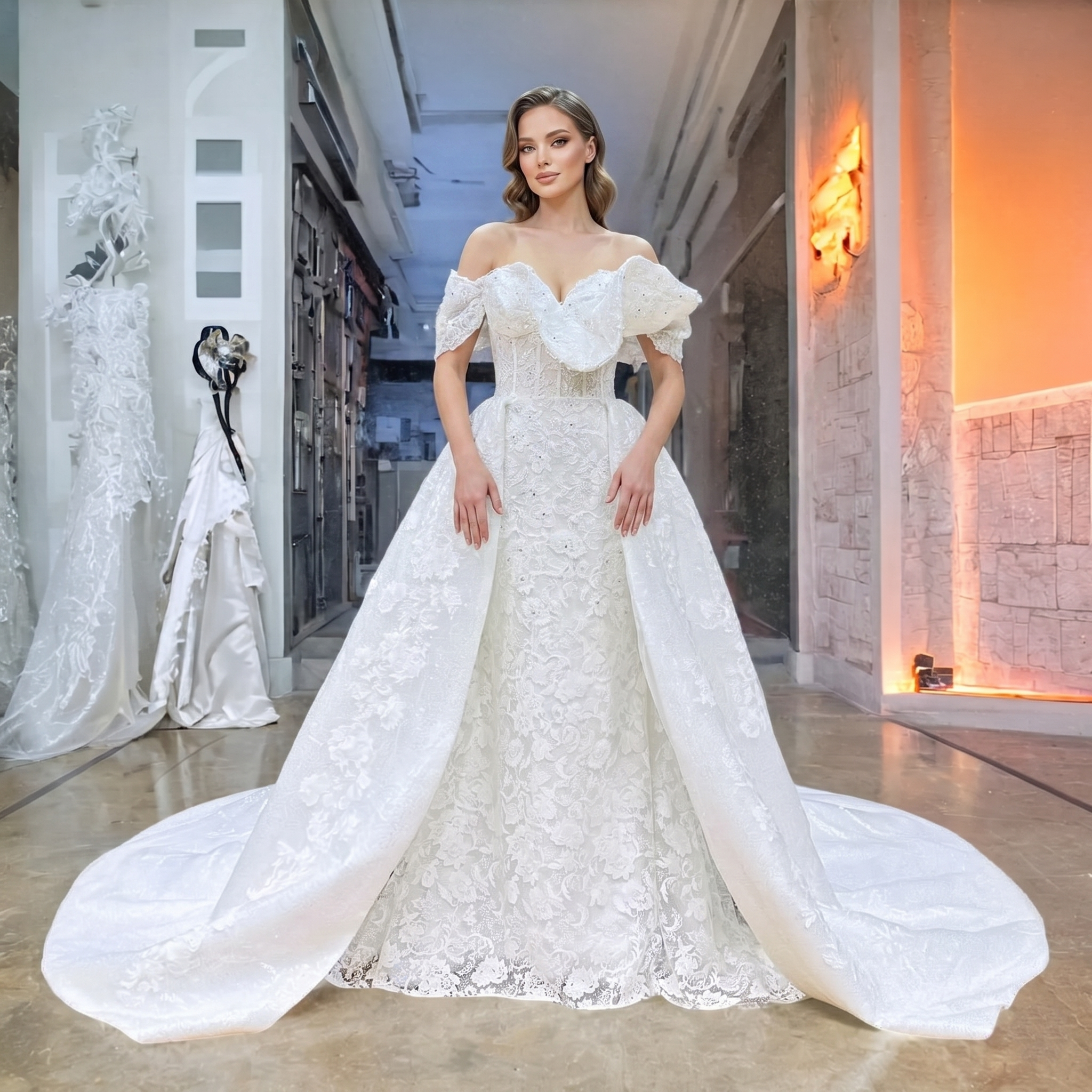 Elegant model in a luxury bridal boutique wearing an off-shoulder 2-piece mermaid wedding dress featuring a beaded corset bodice, unique folded sleeves, and a dramatic detachable lace train.