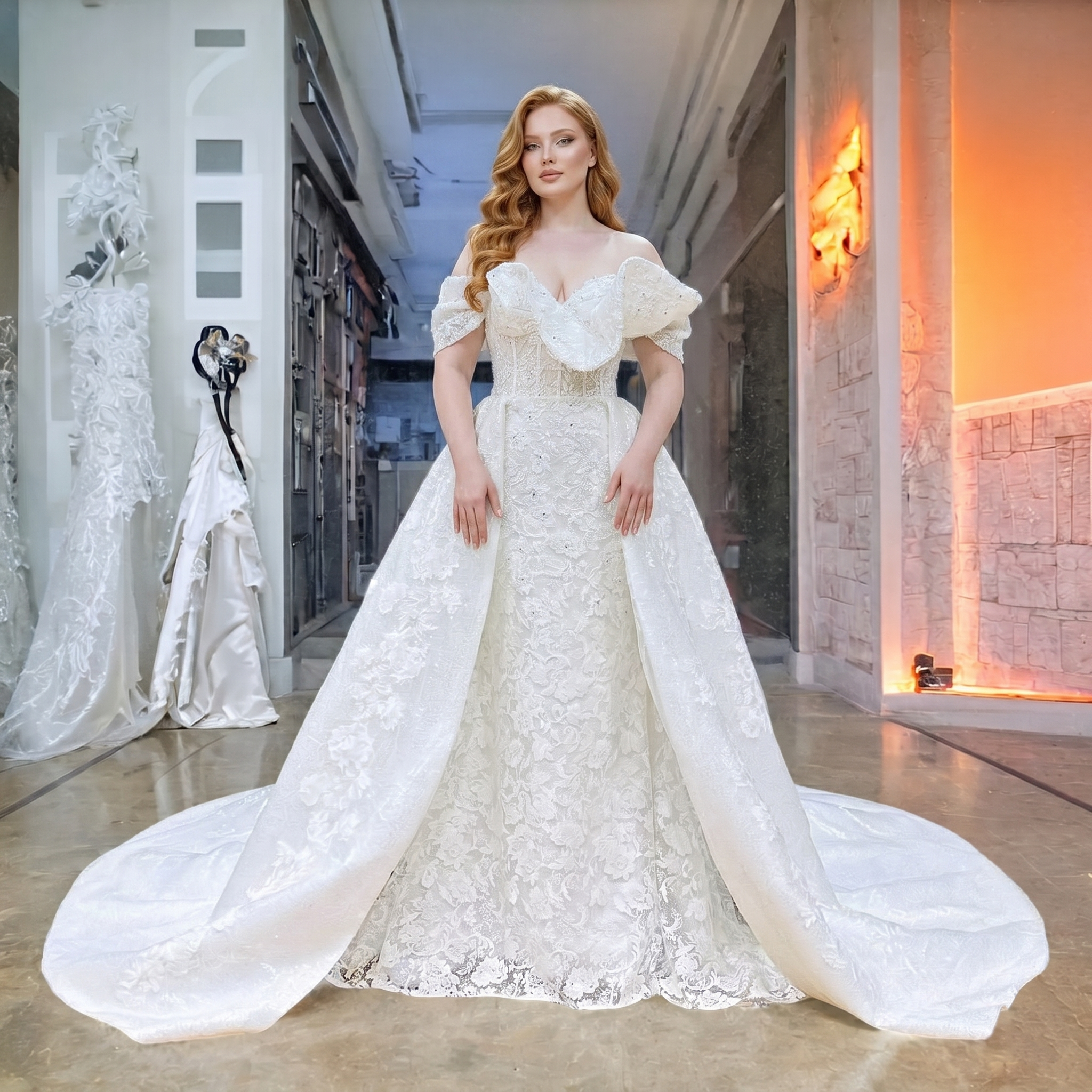 Full-length front view of a stunning plus-size bride showcasing an off-shoulder 2-piece mermaid wedding dress with exquisite lace beading, a sheer bodice, and a sweeping detachable overskirt train.