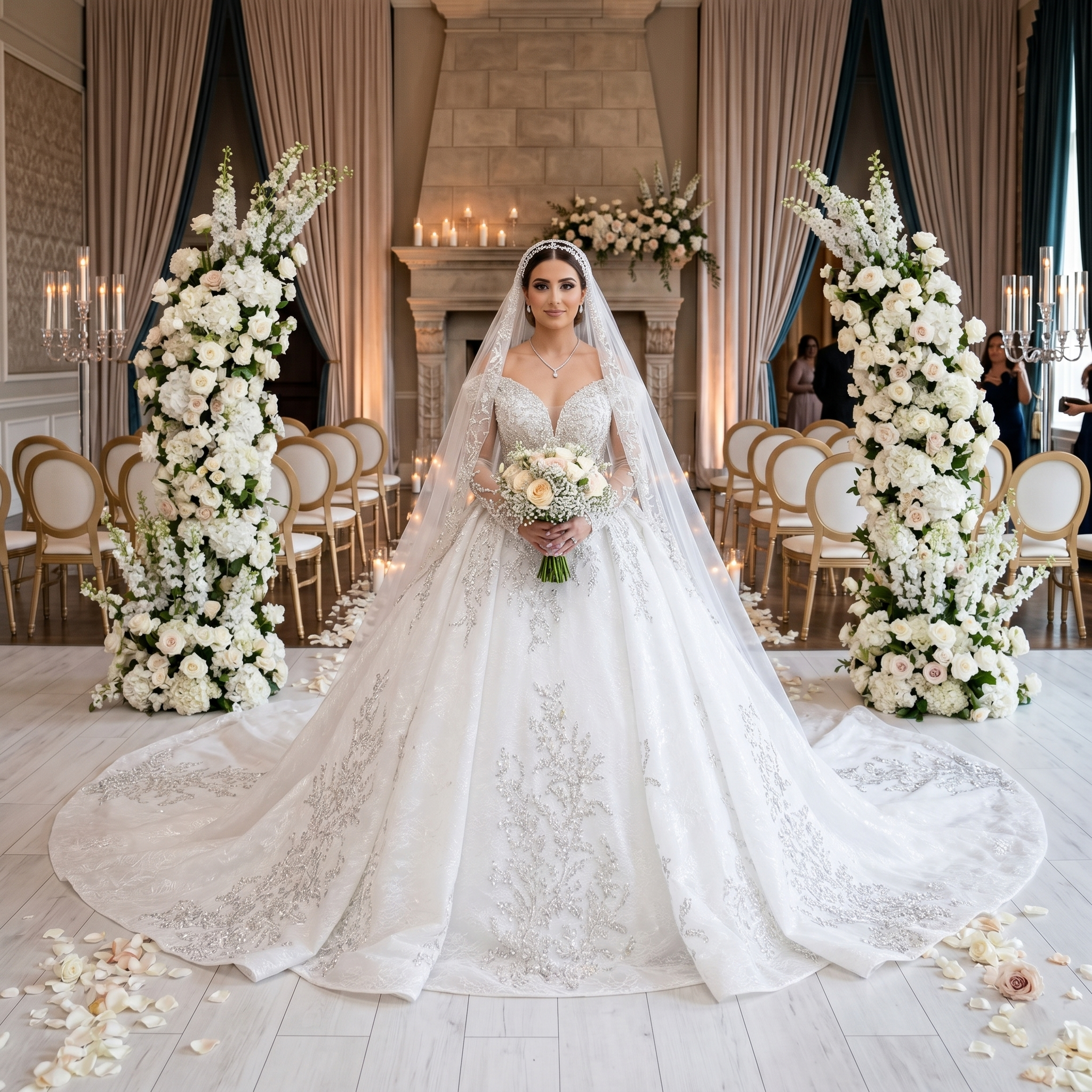Elegant bride standing between floral arches in a beautiful indoor venue holding a bouquet, wearing a stunning off shoulder ball gown wedding dress featuring delicate long sleeves and intricate beading and pearls.