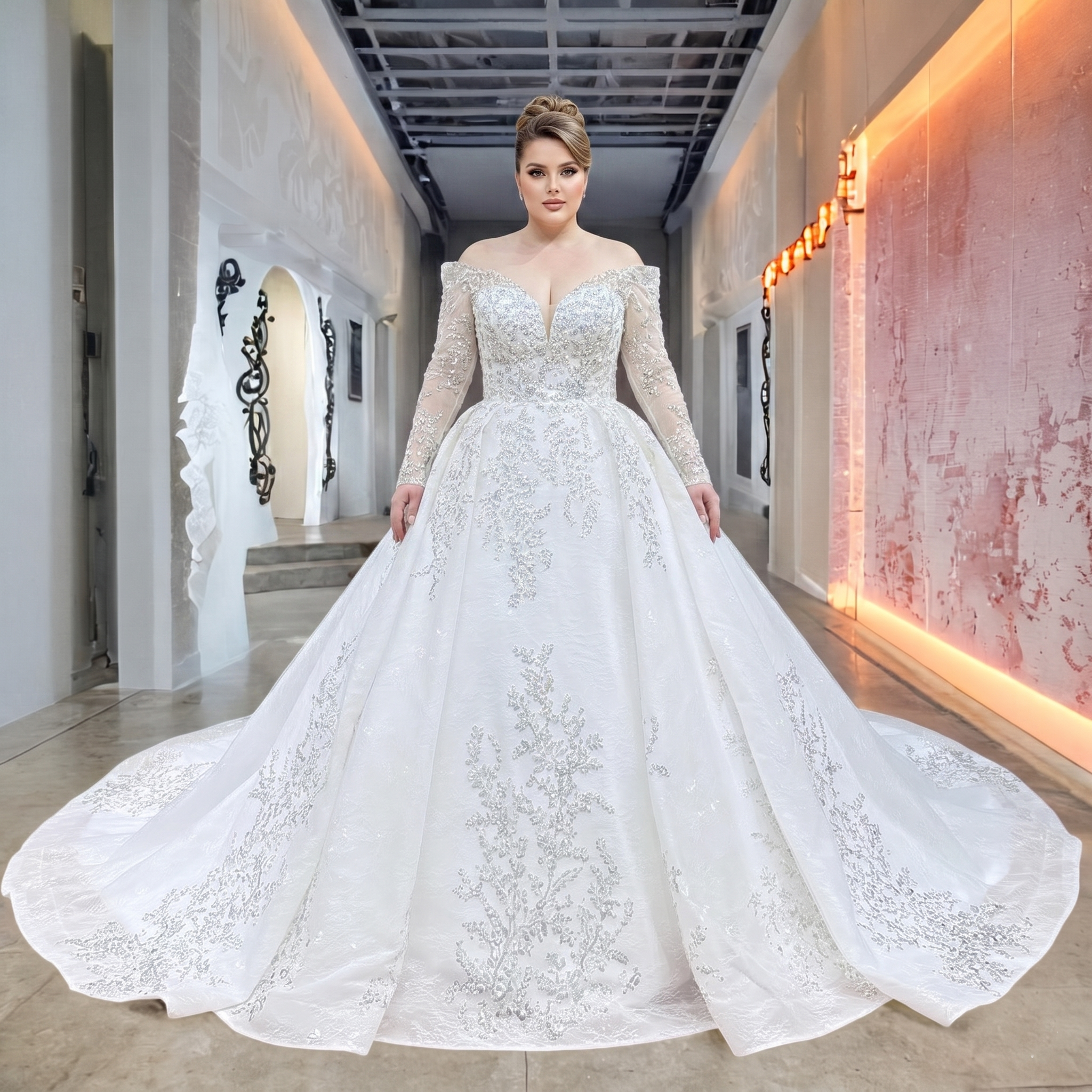 Plus-size bridal model in a modern indoor corridor showcasing a luxurious off shoulder ball gown wedding dress with sheer long sleeves, heavy beading, and pearls cascading down the wide skirt.