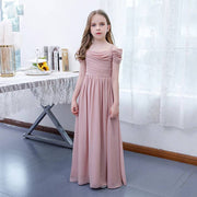 Off Shoulder Chiffon Flower Girl Dress Pleated Elegant Gown for Weddings or Parties