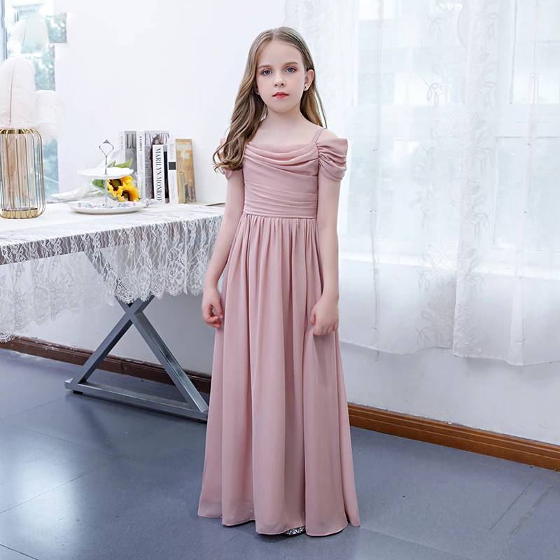 Off Shoulder Chiffon Flower Girl Dress Pleated Elegant Gown for Weddings or Parties