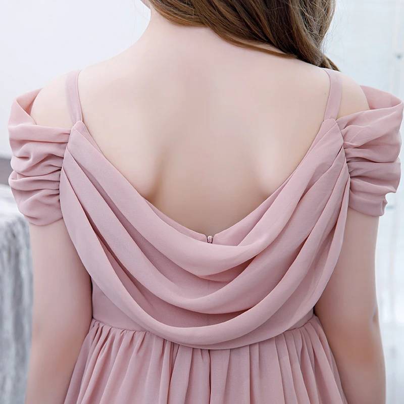 Off Shoulder Chiffon Flower Girl Dress Pleated Elegant Gown for Weddings or Parties