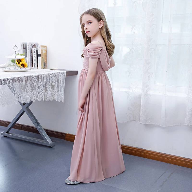 Off Shoulder Chiffon Flower Girl Dress Pleated Elegant Gown for Weddings or Parties