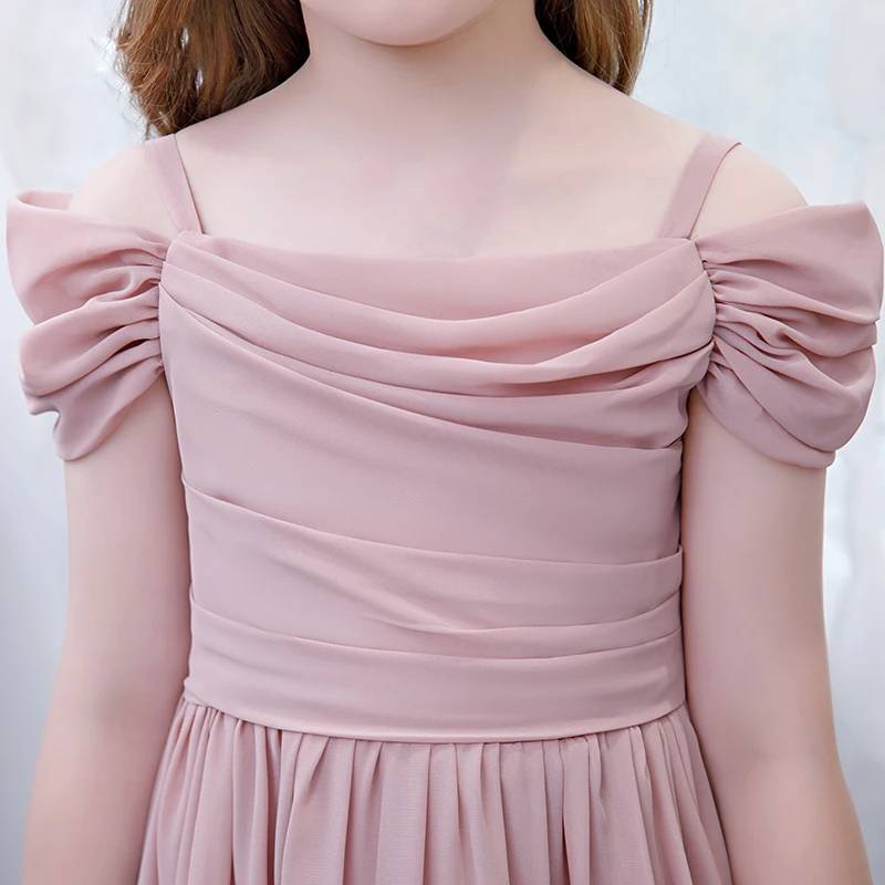 Off Shoulder Chiffon Flower Girl Dress Pleated Elegant Gown for Weddings or Parties