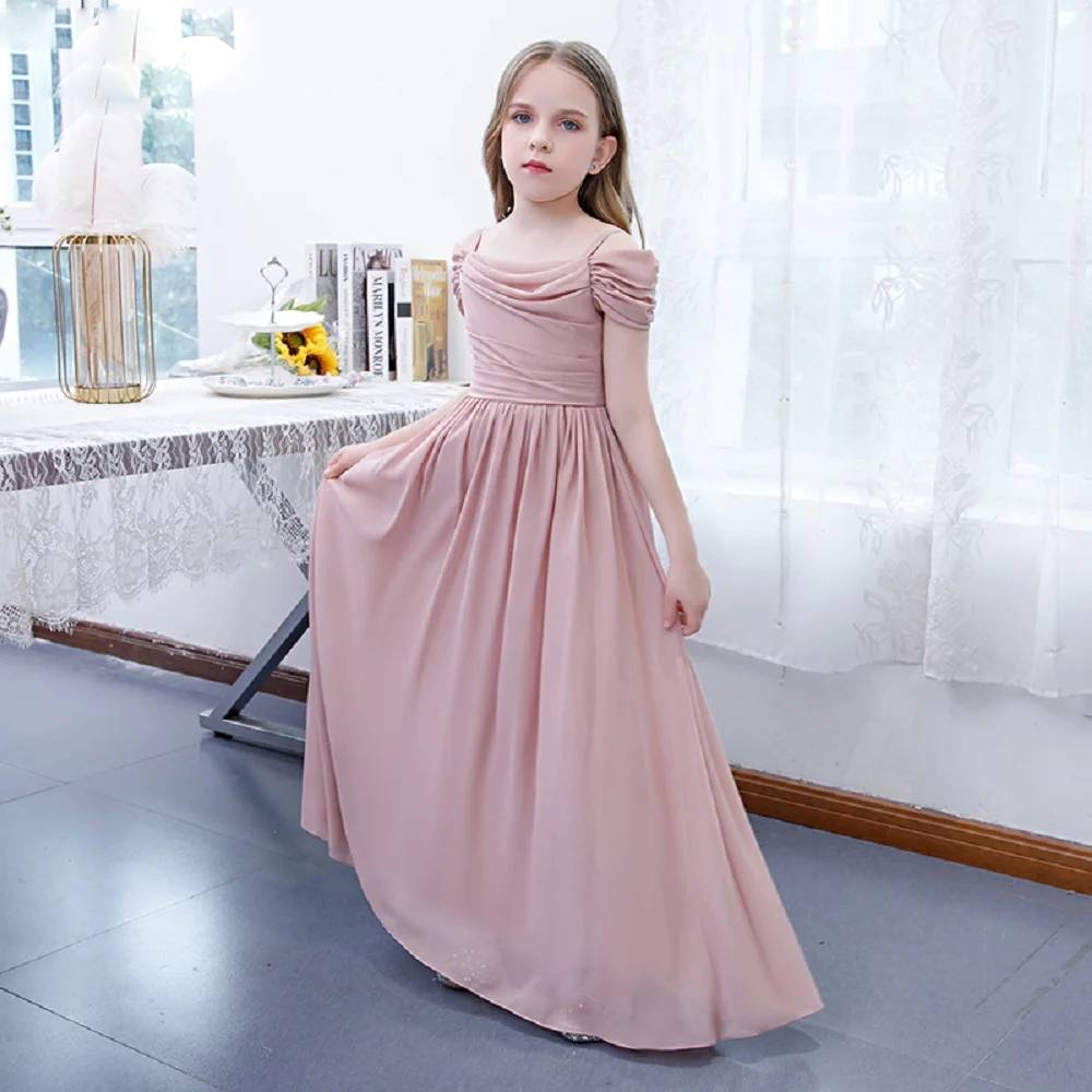 Off Shoulder Chiffon Flower Girl Dress Pleated Elegant Gown for Weddings or Parties