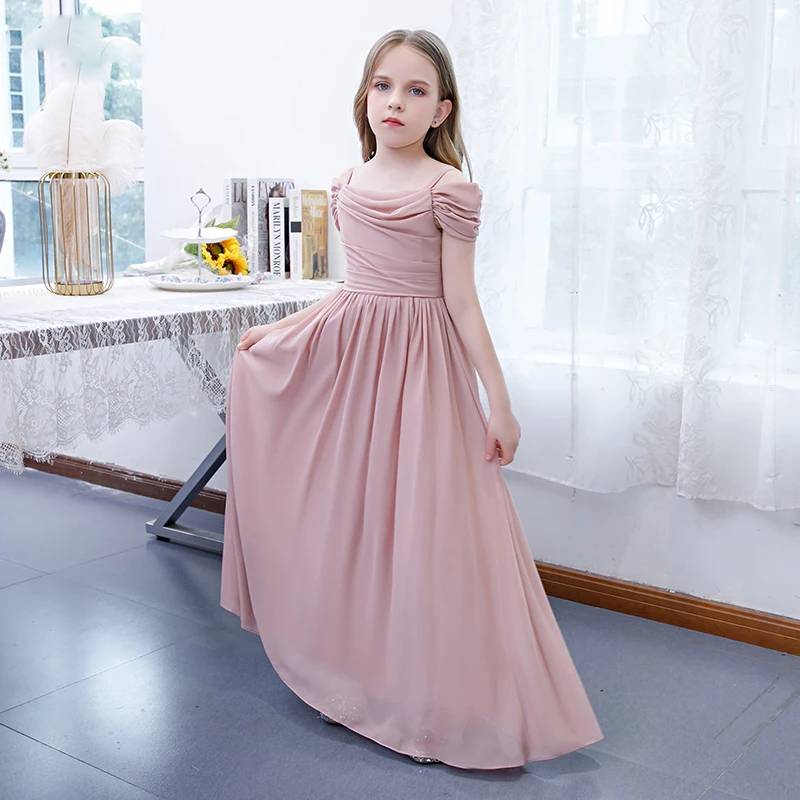 Off Shoulder Chiffon Flower Girl Dress Pleated Elegant Gown for Weddings or Parties