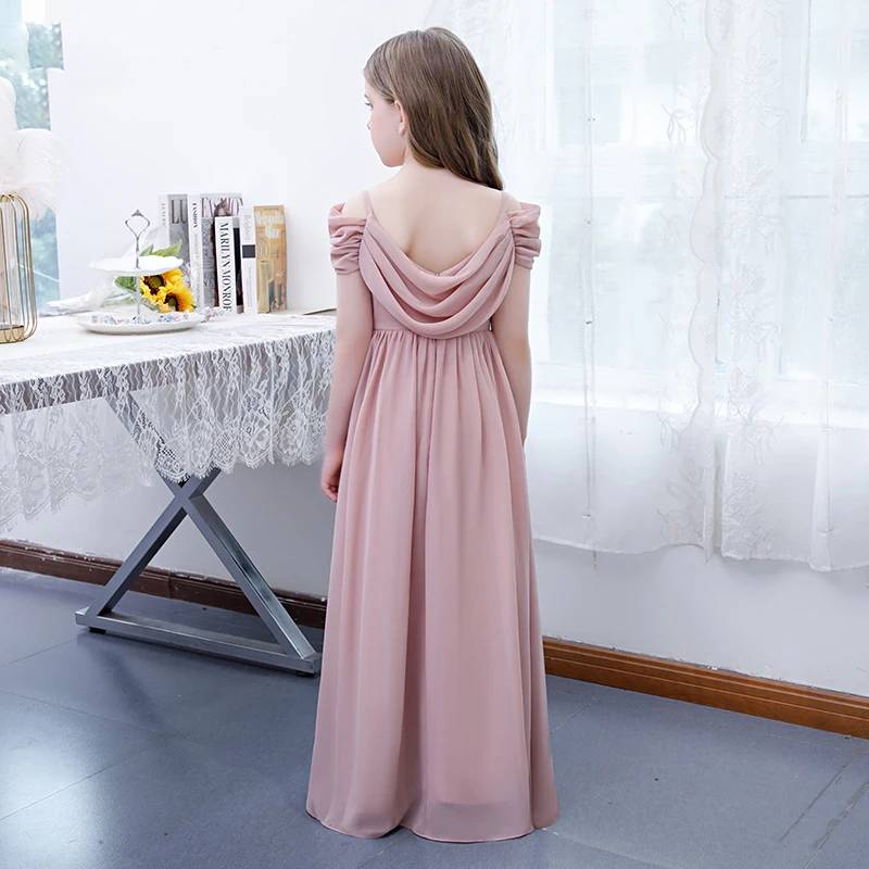 Off Shoulder Chiffon Flower Girl Dress Pleated Elegant Gown for Weddings or Parties