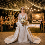Full-length view of a bride posing outdoors wearing an off-shoulder long sleeve mermaid wedding dress with intricate beadwork and a dramatic detachable train.