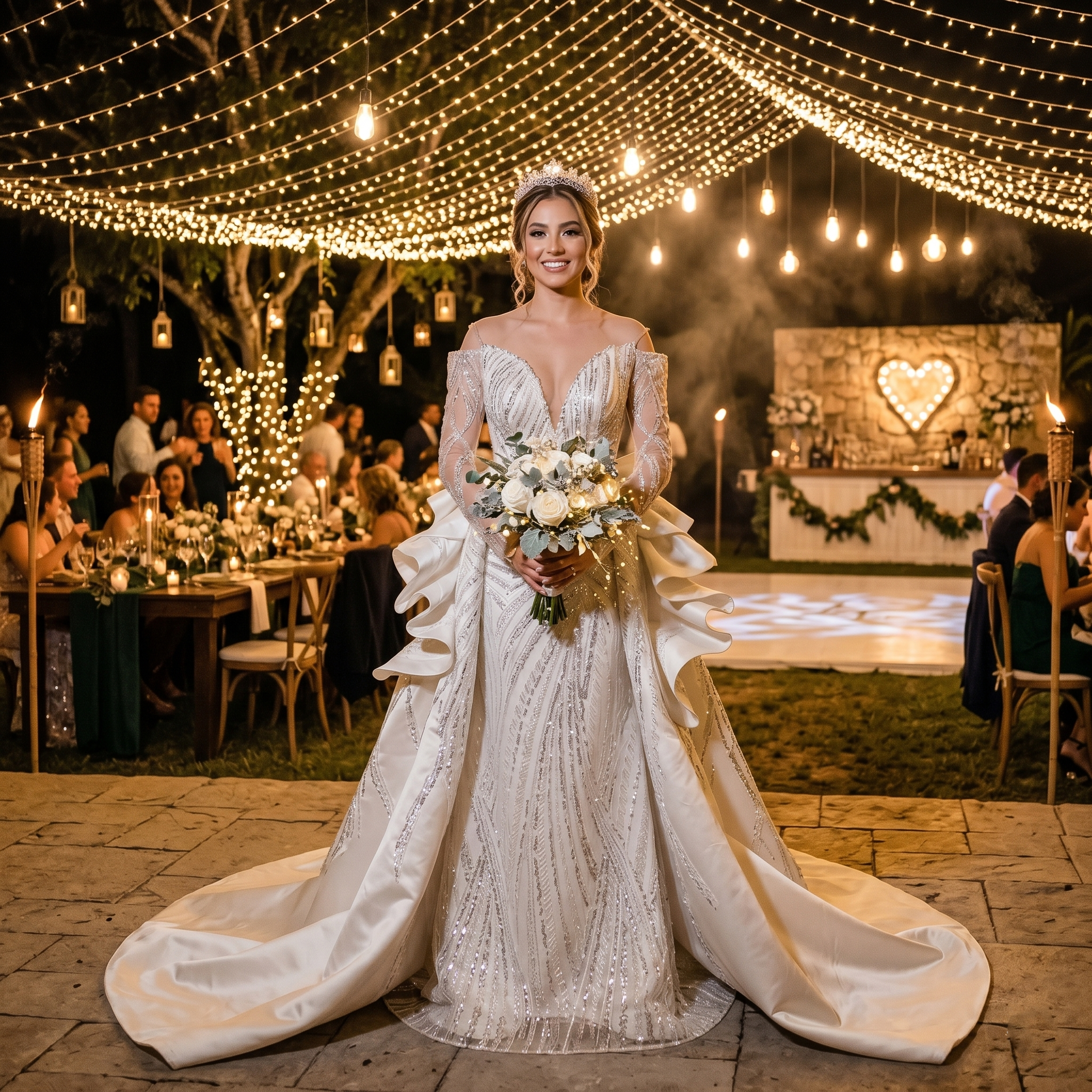 Full-length view of a bride posing outdoors wearing an off-shoulder long sleeve mermaid wedding dress with intricate beadwork and a dramatic detachable train.