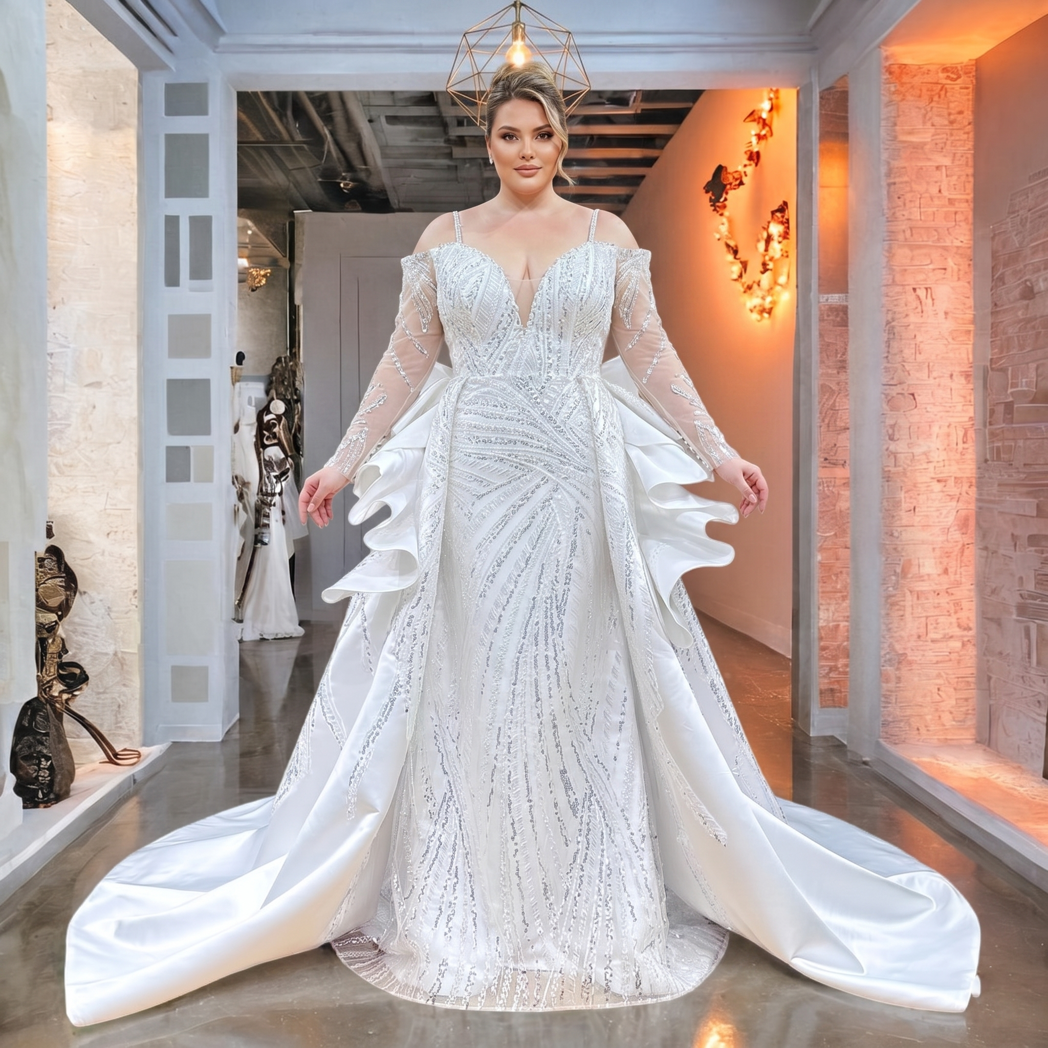 Elegant bride standing indoors modeling a mermaid wedding gown with long sleeves, off-shoulder neckline, and luxurious beaded detailing throughout the bodice.