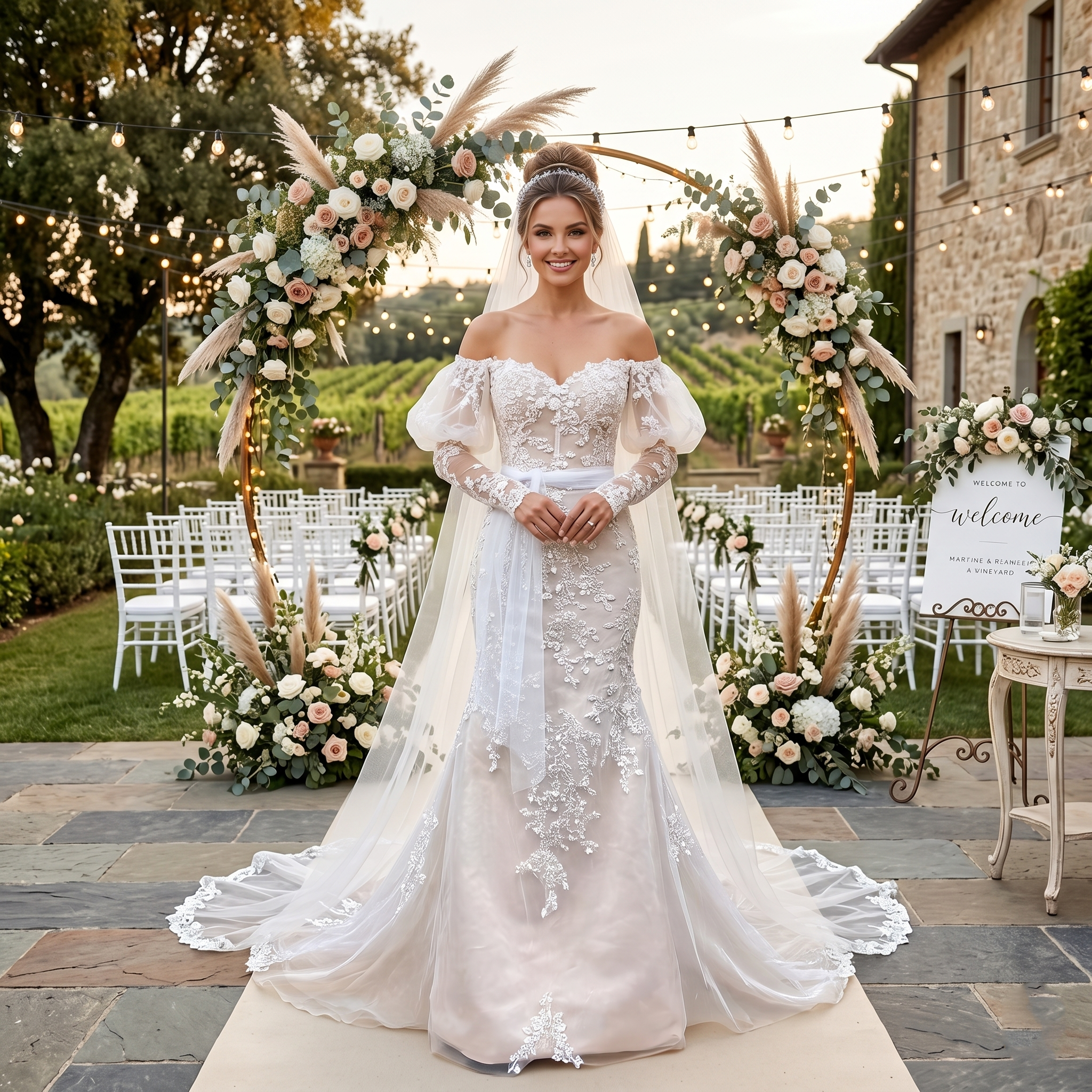 A smiling bride wearing an off-the-shoulder long sleeve mermaid wedding dress with beaded lace appliques standing under a wooden driftwood arch at a beach wedding ceremony.