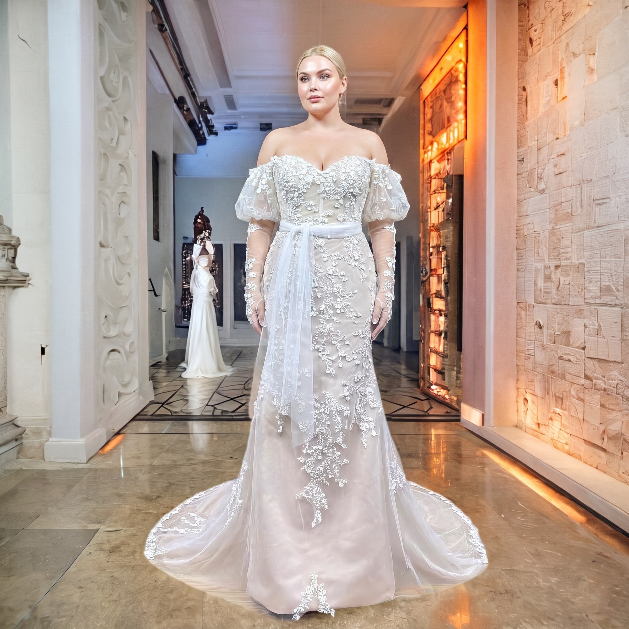 Front view of a plus-size bridal model wearing a luxury vintage off-the-shoulder mermaid wedding gown with long lace sleeves in a bright showroom corridor.