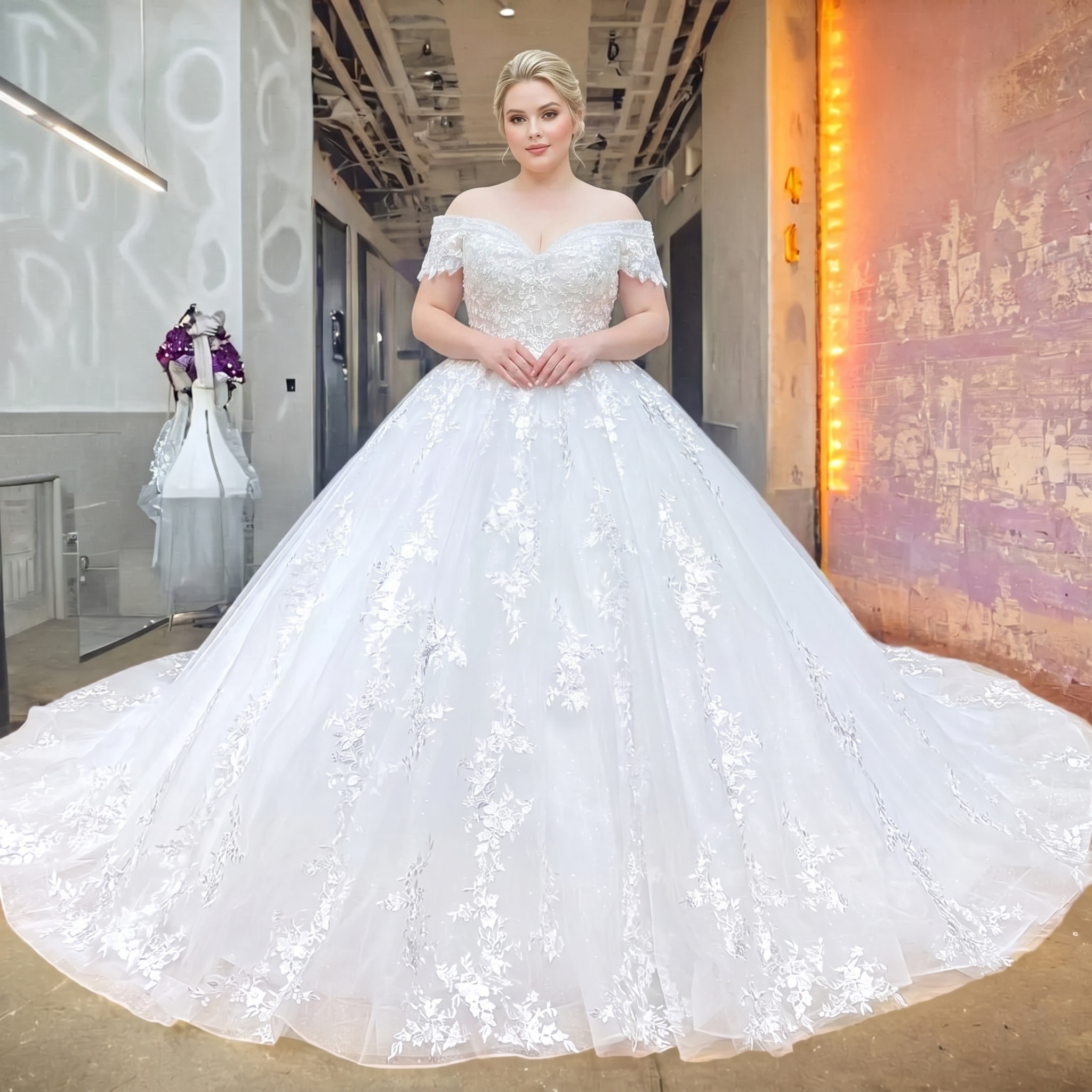 A plus-size bride models the off-shoulder sequin beaded ball gown wedding dress, highlighting the shimmering lace appliques and voluminous tulle skirt in a bridal showroom.