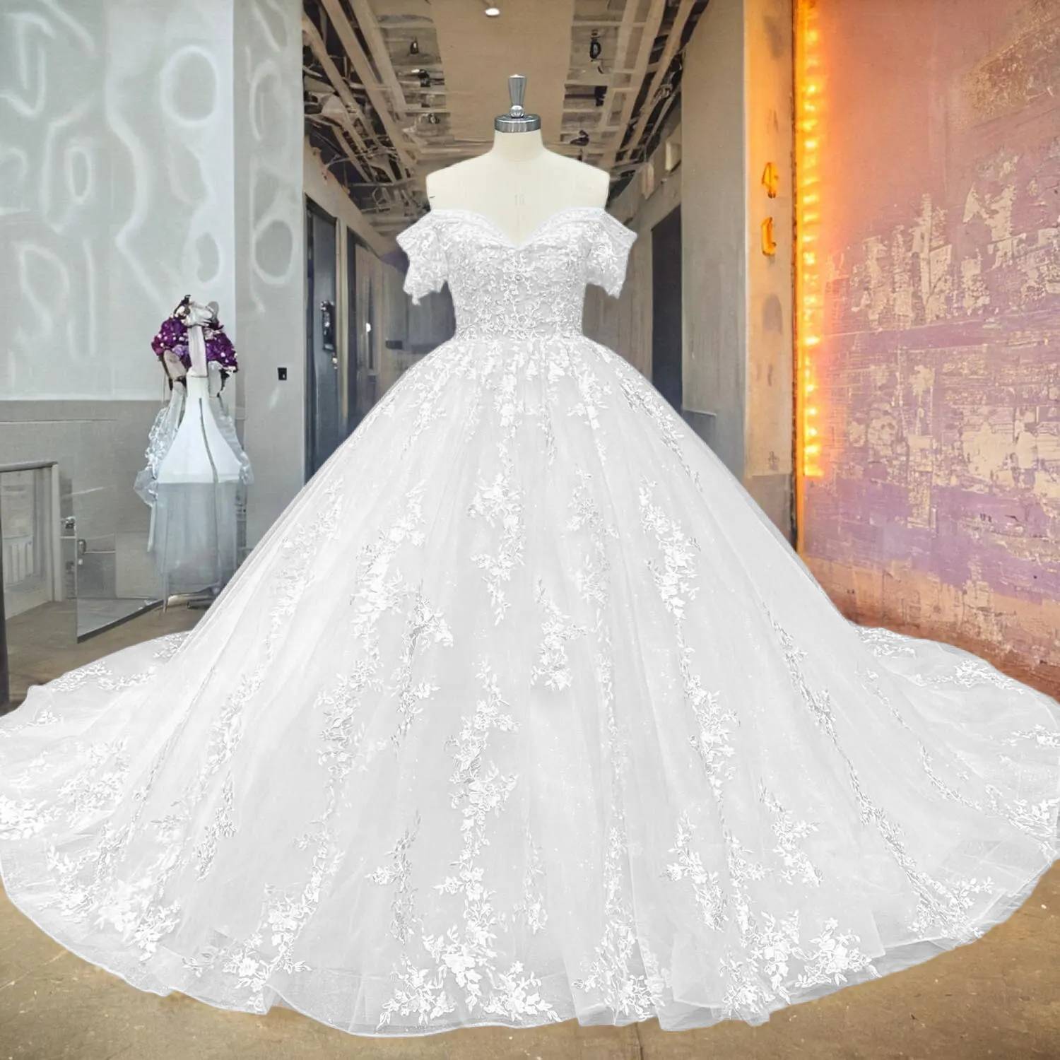 Studio front view of the off-shoulder sequin beaded ball gown wedding dress displayed on a mannequin, emphasizing the regal ball gown design and sparkling sequin finish.
