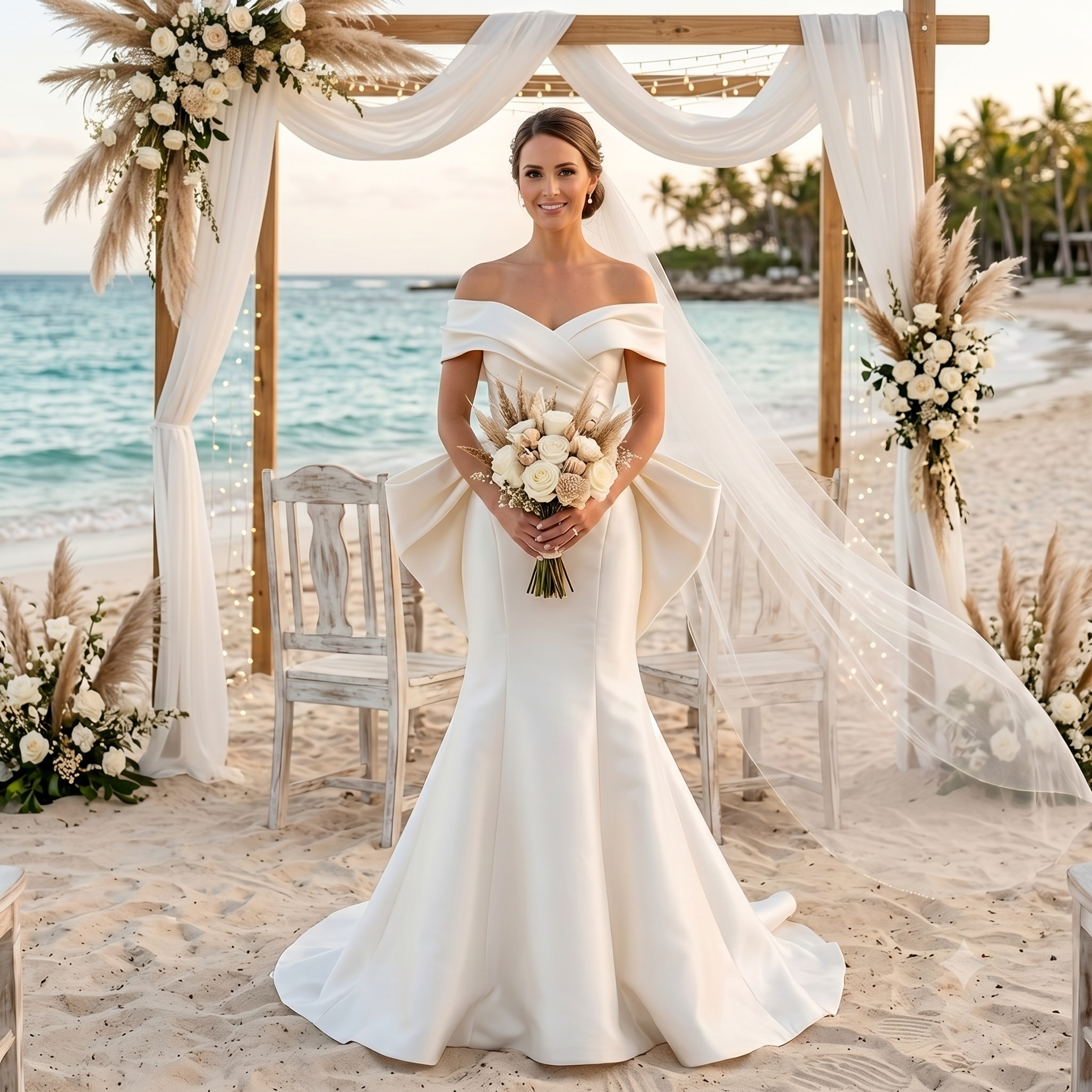 A bride wearing an elegant off-the-shoulder mermaid wedding dress with short sleeves and a sweetheart neckline, posing in a romantic setting.