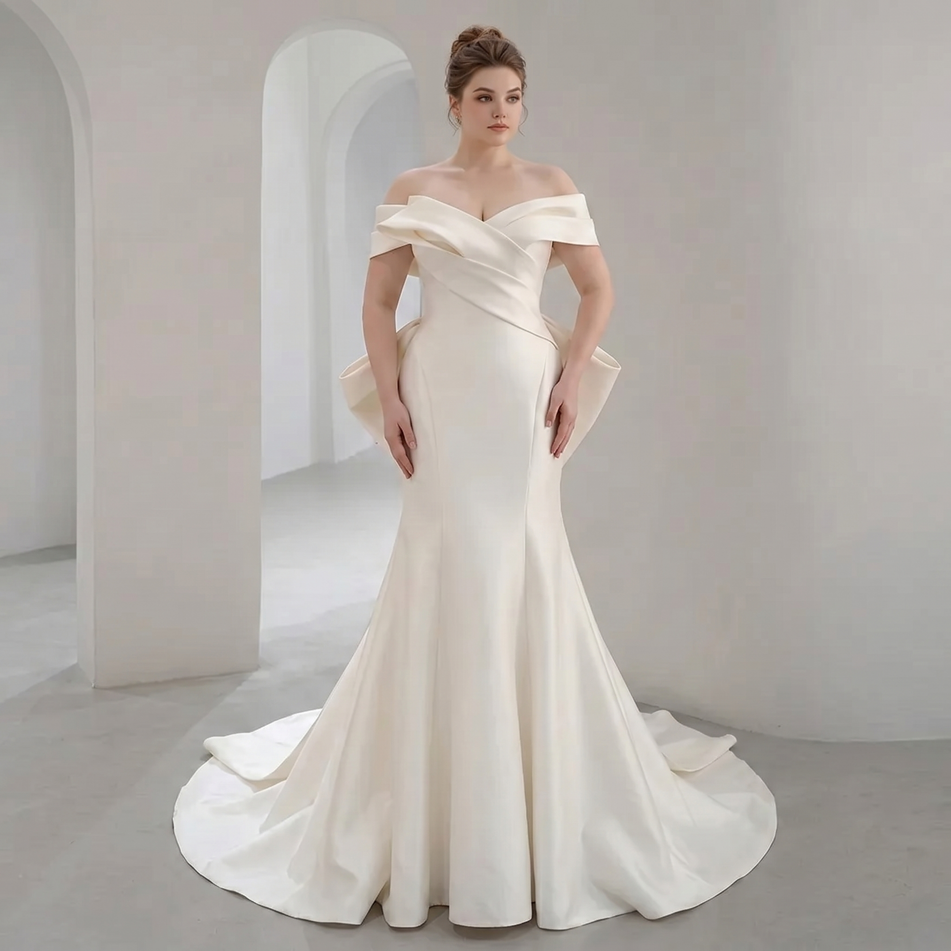 A mannequin displaying an off-the-shoulder mermaid bridal gown with a sweetheart neckline and delicate short sleeves.